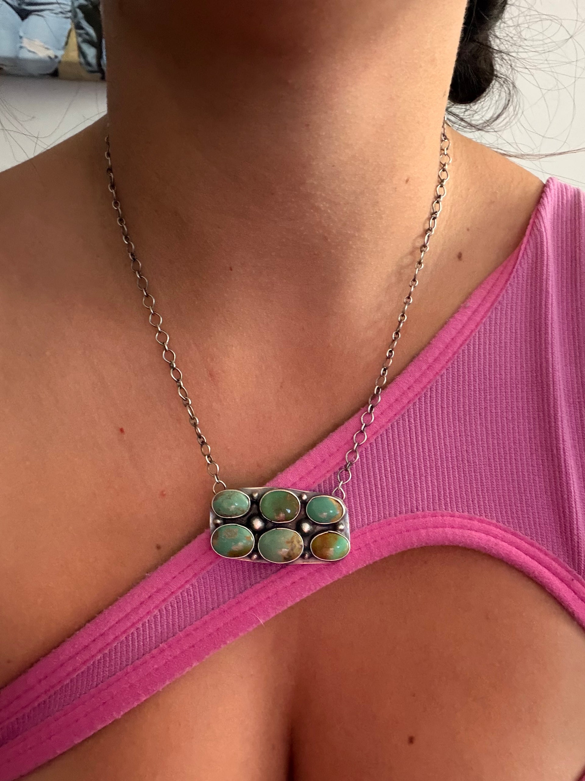 Julie Tso Kingman Turquoise & Sterling Silver Cluster Bar Necklace