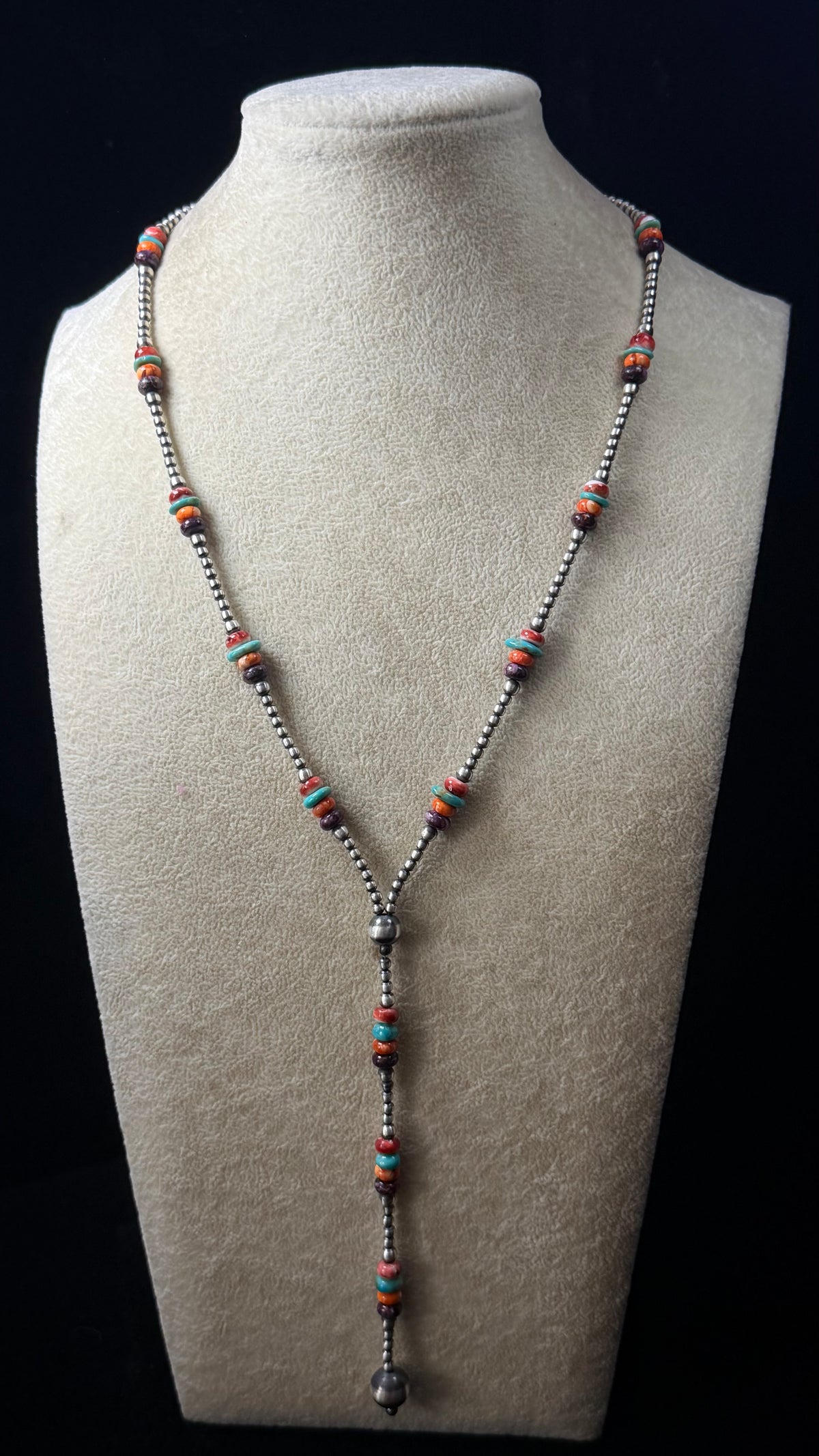 Navajo Strung Multi Stone & Sterling Silver Graduated Machine Made Beaded Lariat Pearl Necklace