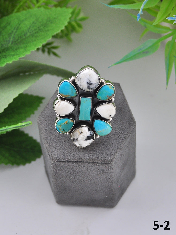 Southwest Made Multi Stone & Sterling Sliver Cluster Adjustable Ring