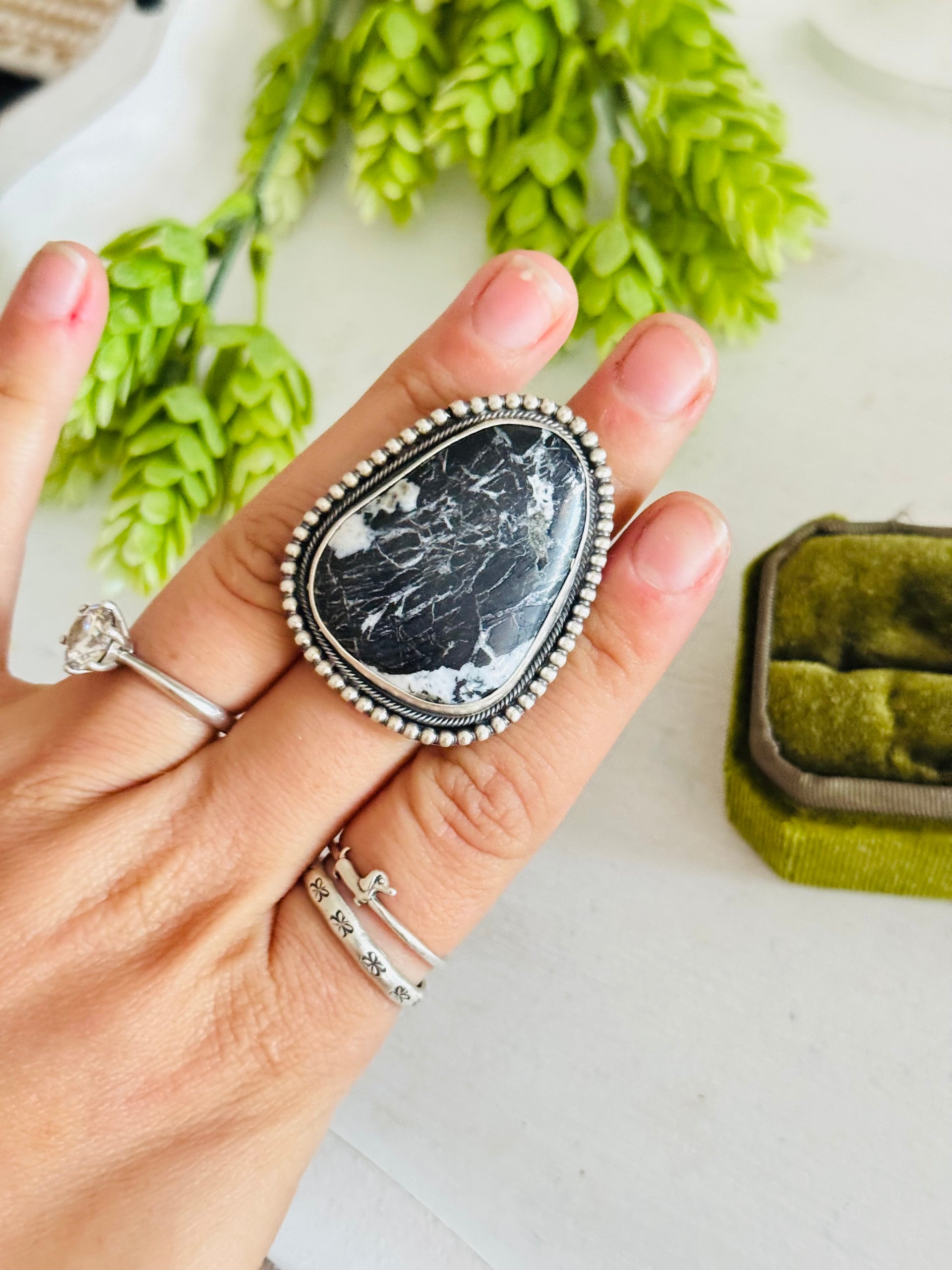 Navajo Made White Buffalo & Sterling Silver Adjustable Ring