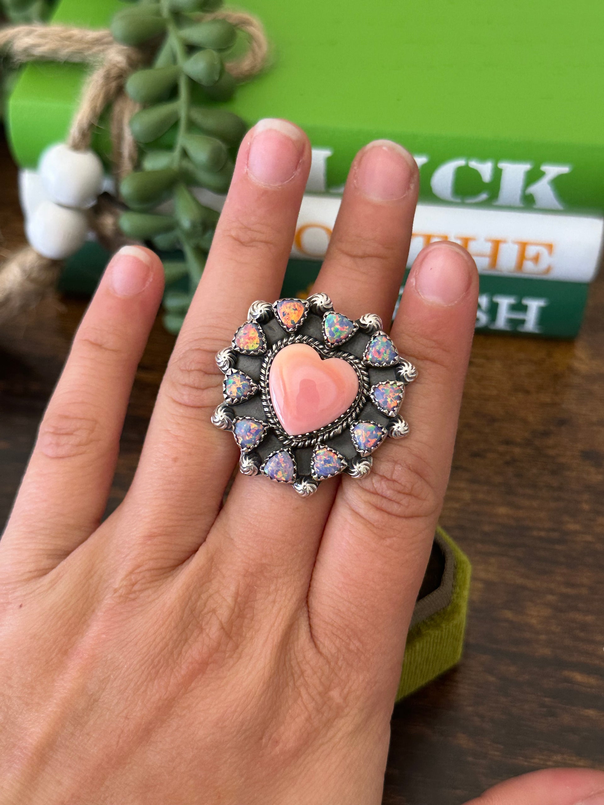 Southwest Handmade Multi Stone & Sterling Silver Adjustable Cluster Heart Ring