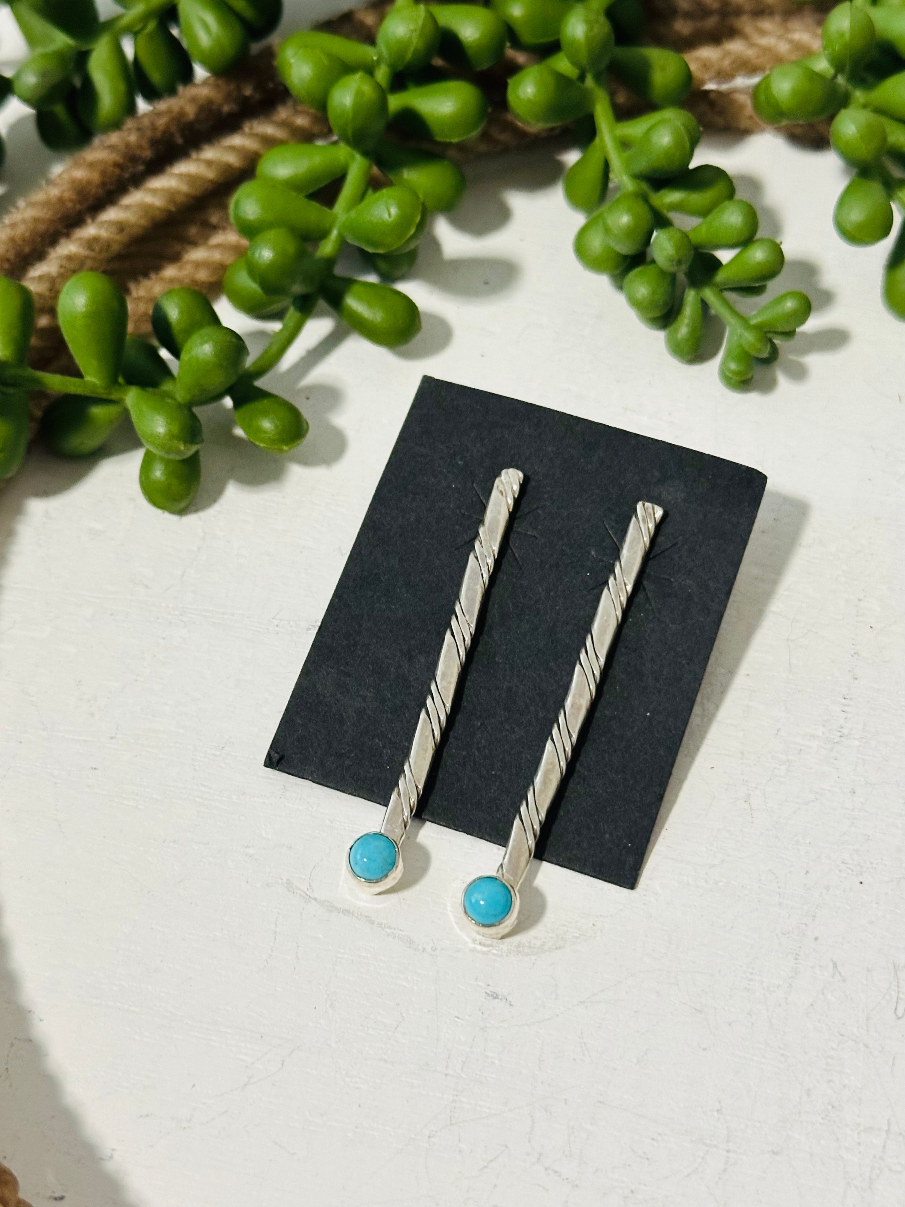 Navajo Made Kingman Turquoise & Sterling Silver Dangle Earrings