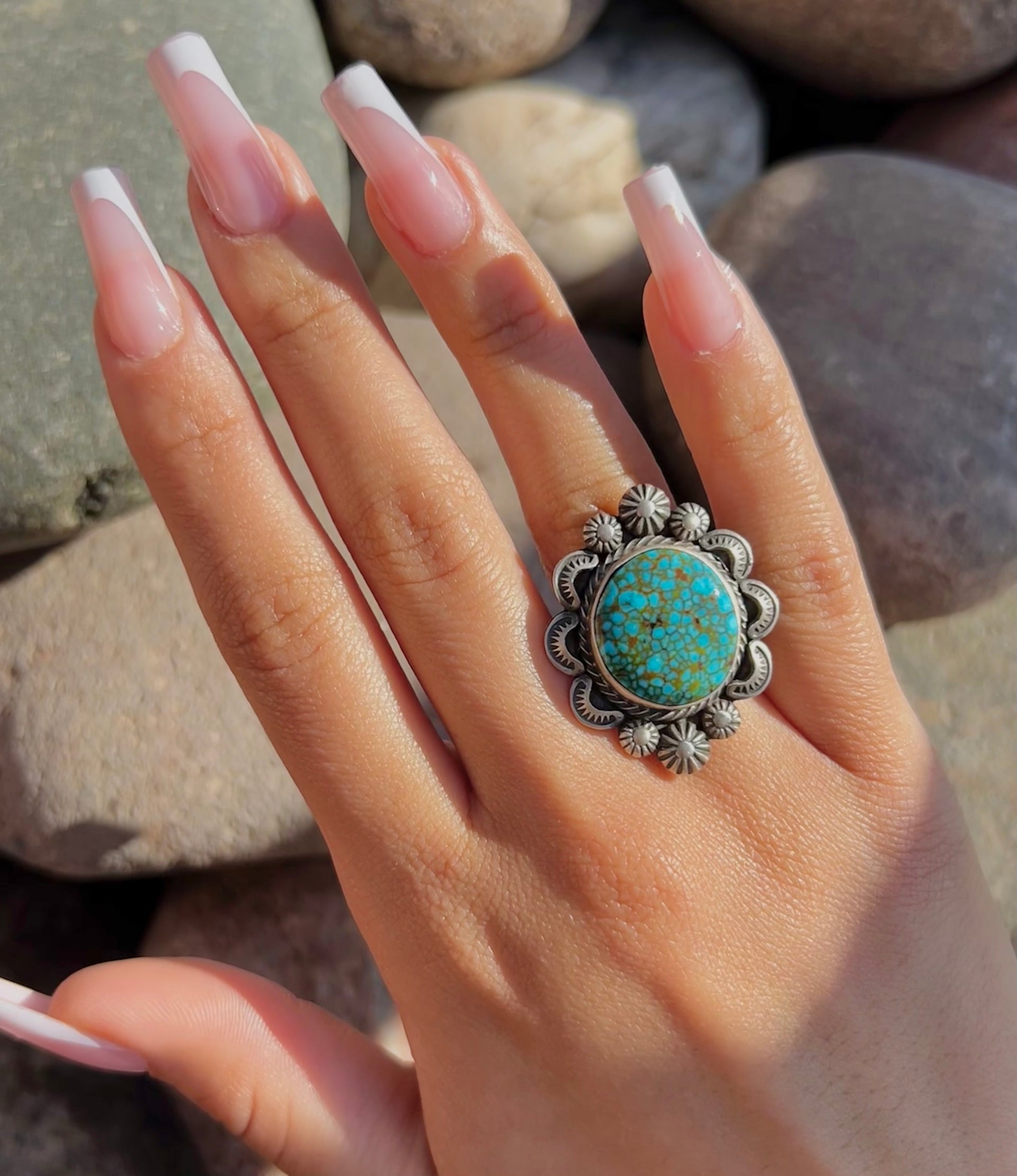Bennie Ramone Birds Eye Kingman Turquoise & Sterling Sliver Cluster Ring Size 8