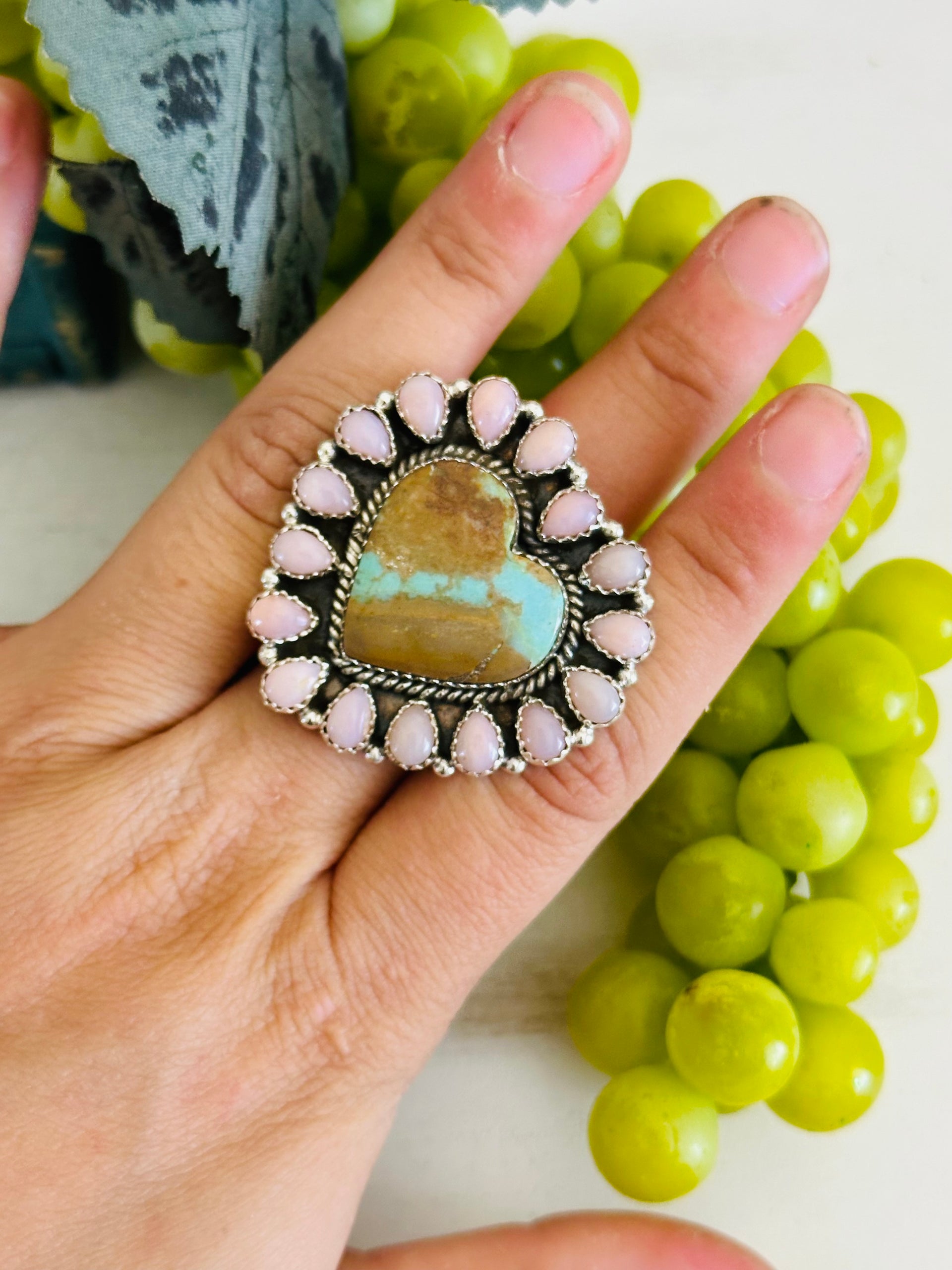 Southwest Handmade Multi Stone & Sterling Silver Cluster Adjustable Heart Ring