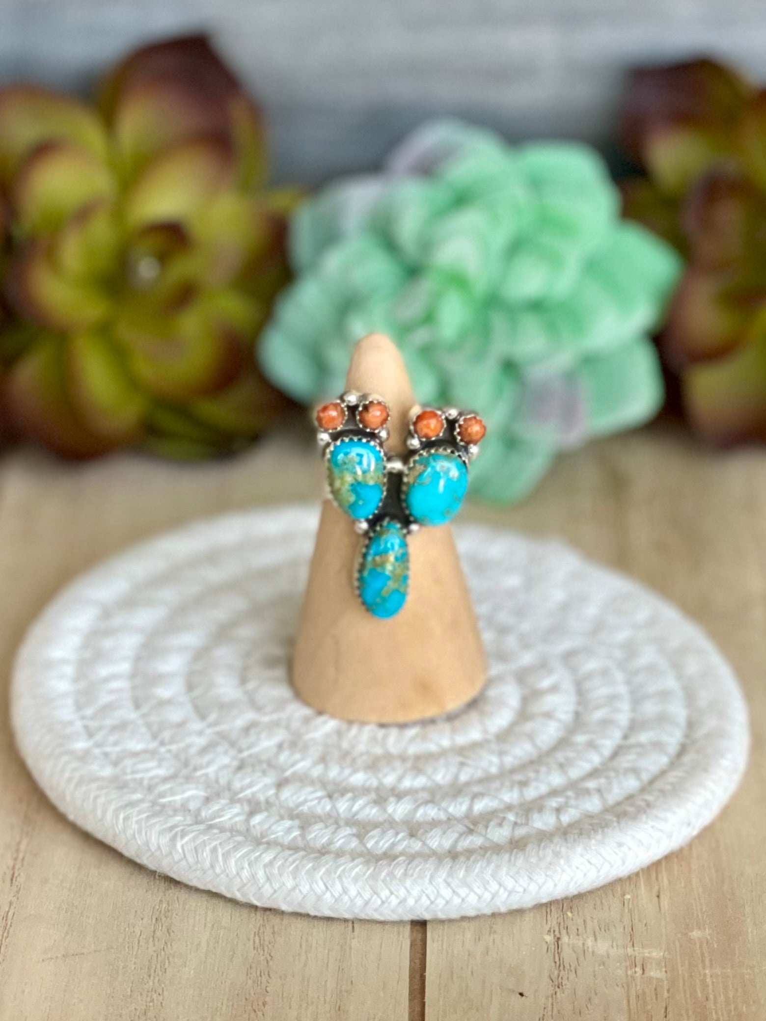 Southwest Handmade Sonoran Mountain Turquoise & Sterling Silver Adjustable Prickly Pear Ring