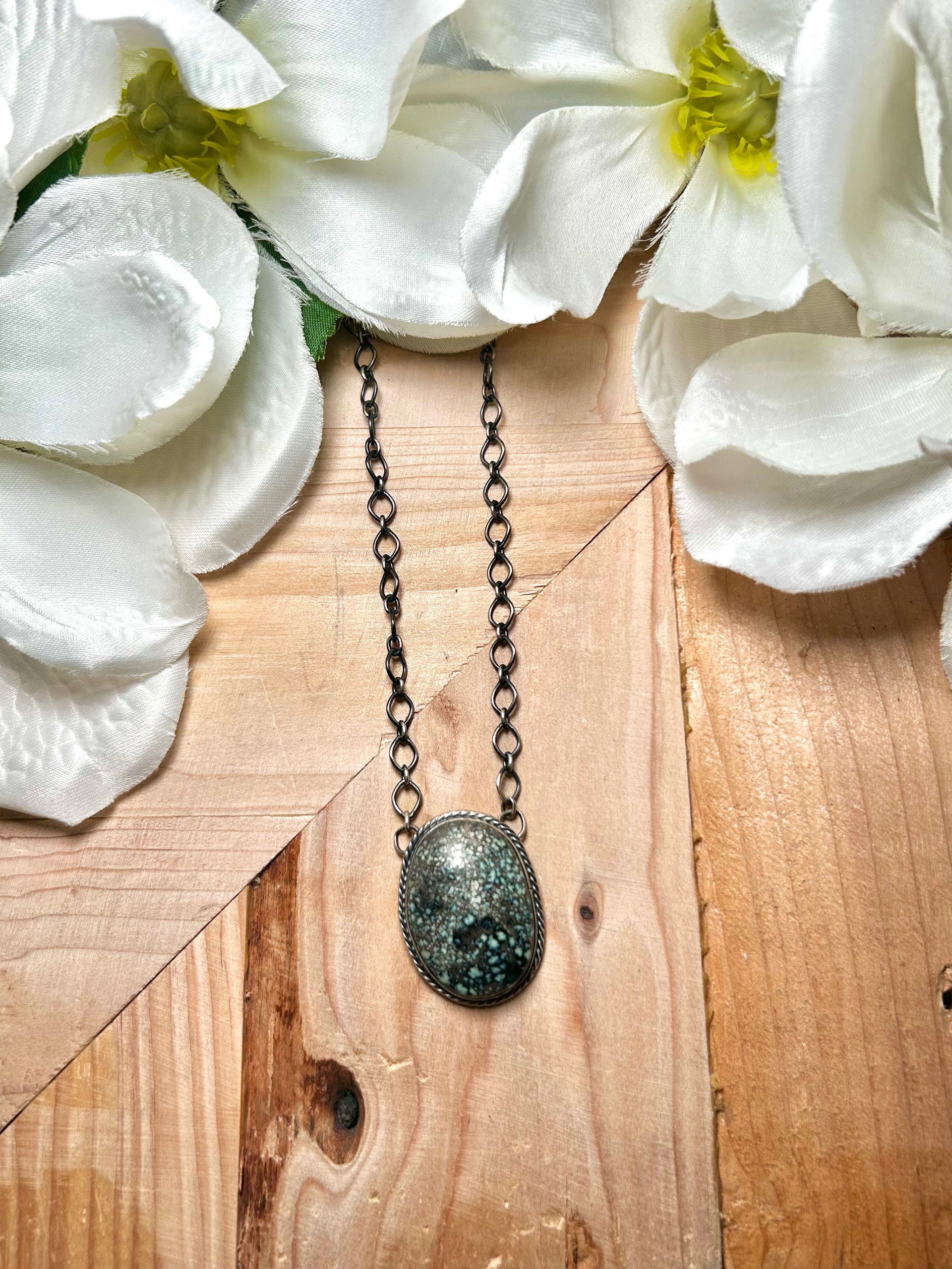Navajo Made Angel Wing Variscite & Sterling Silver Necklace