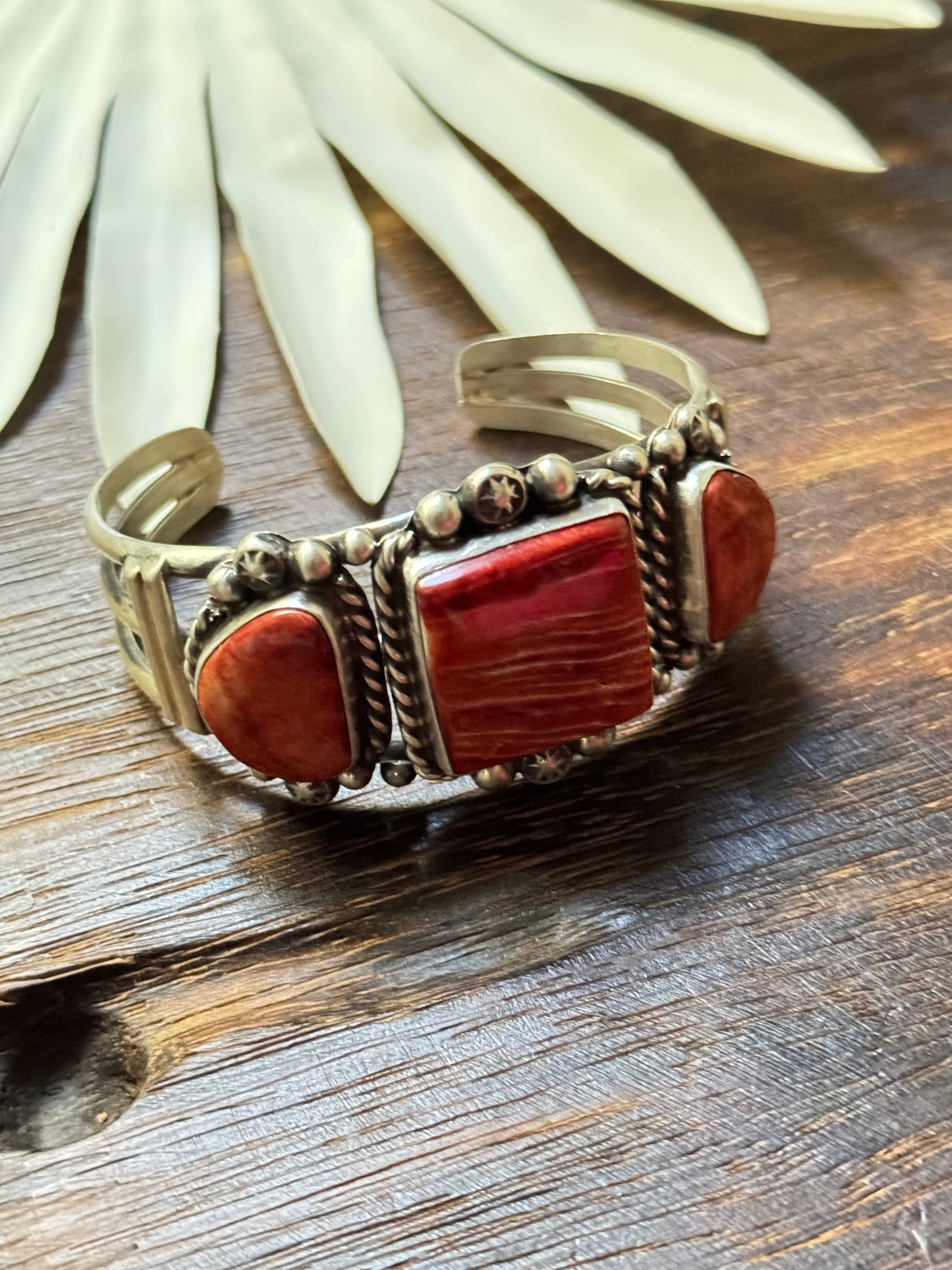 Augustine Largo Red Spiny Oyster & Sterling Silver Cuff Bracelet