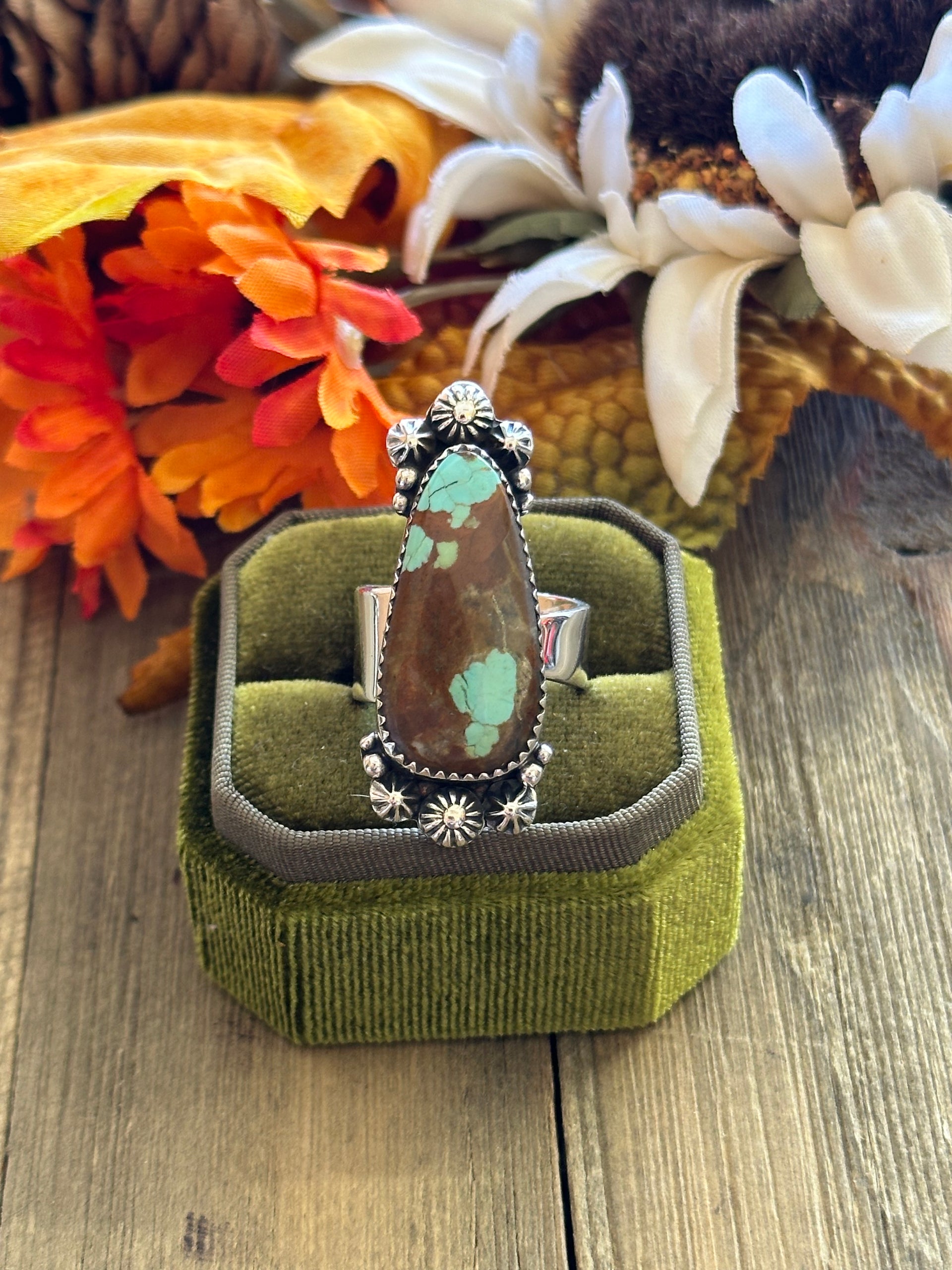Southwest Handmade #8 Turquoise & Sterling Silver Adjustable Ring