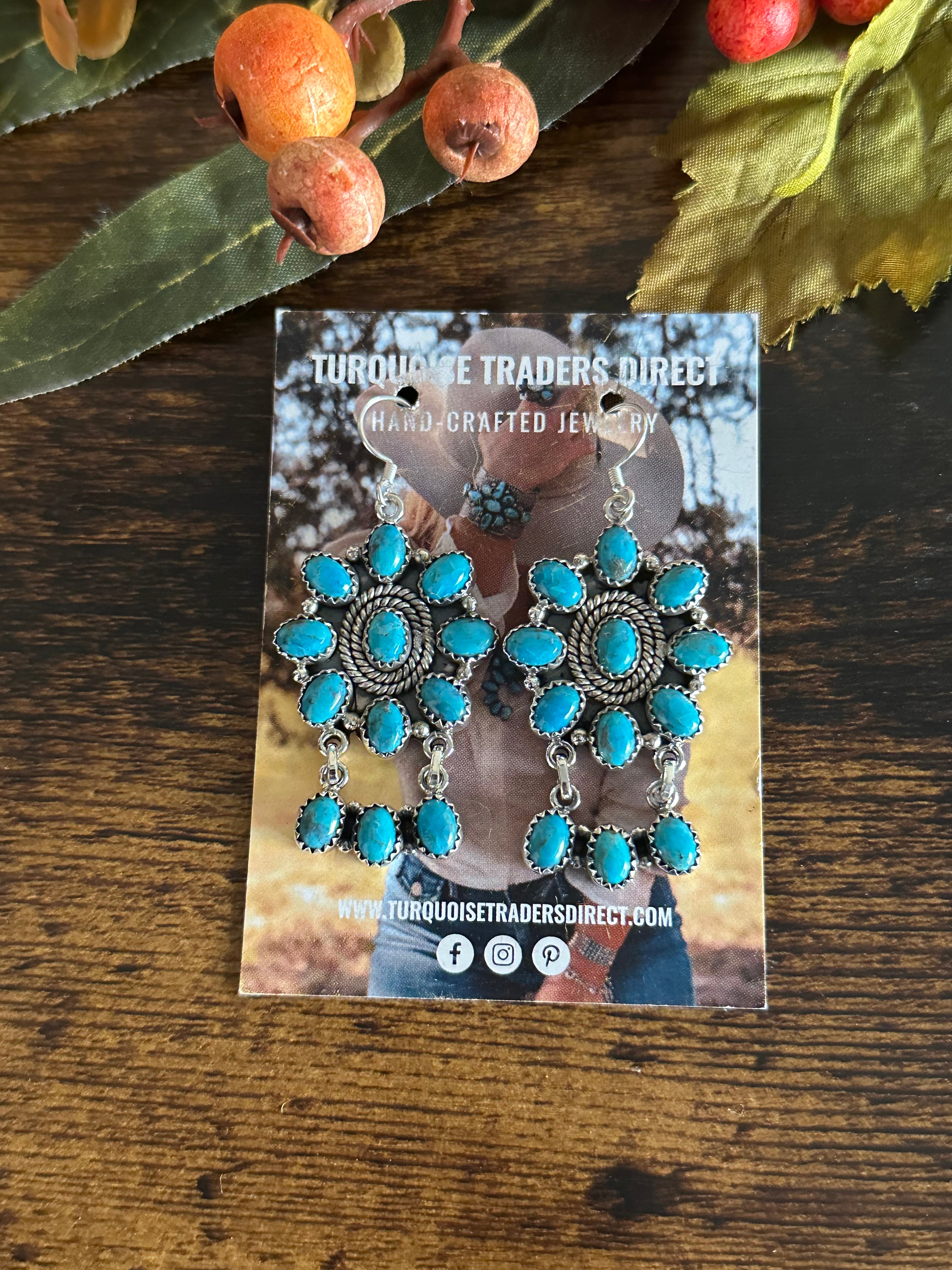 Southwest Kingman Turquoise& Sterling Silver Dangle Cluster Earrings