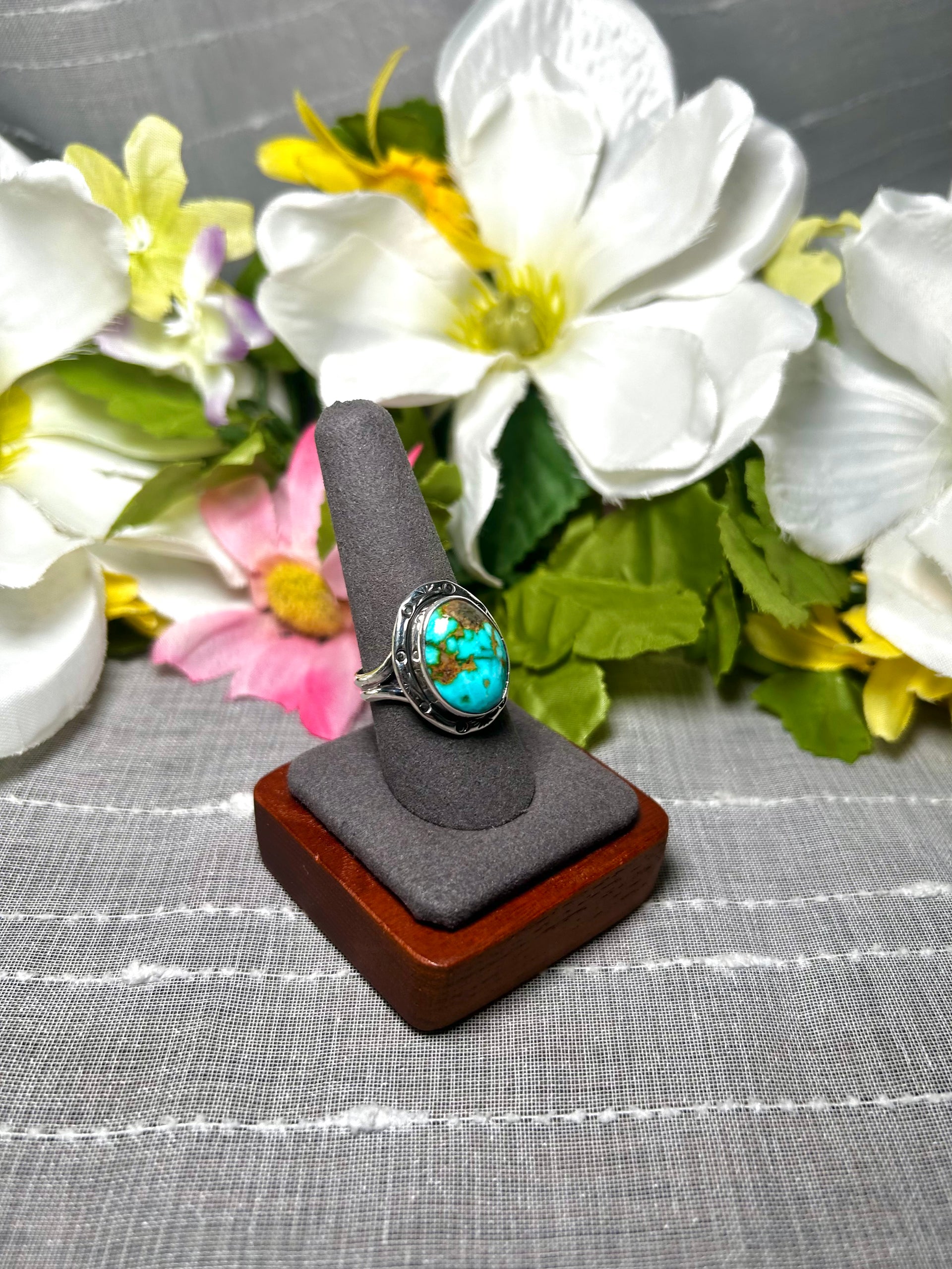 Navajo Made Natural Sonoran Mountain Turquoise & Sterling Silver Ring Size 9.75