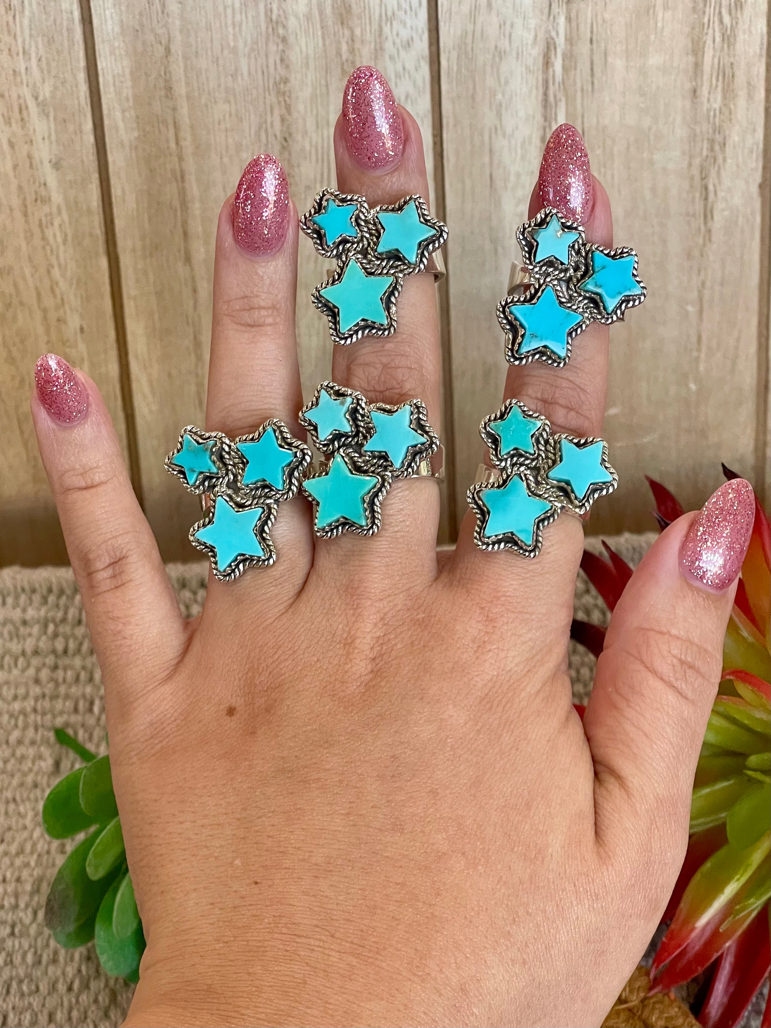 Southwest Handmade Kingman Turquoise & Sterling Silver Adjustable Star Ring