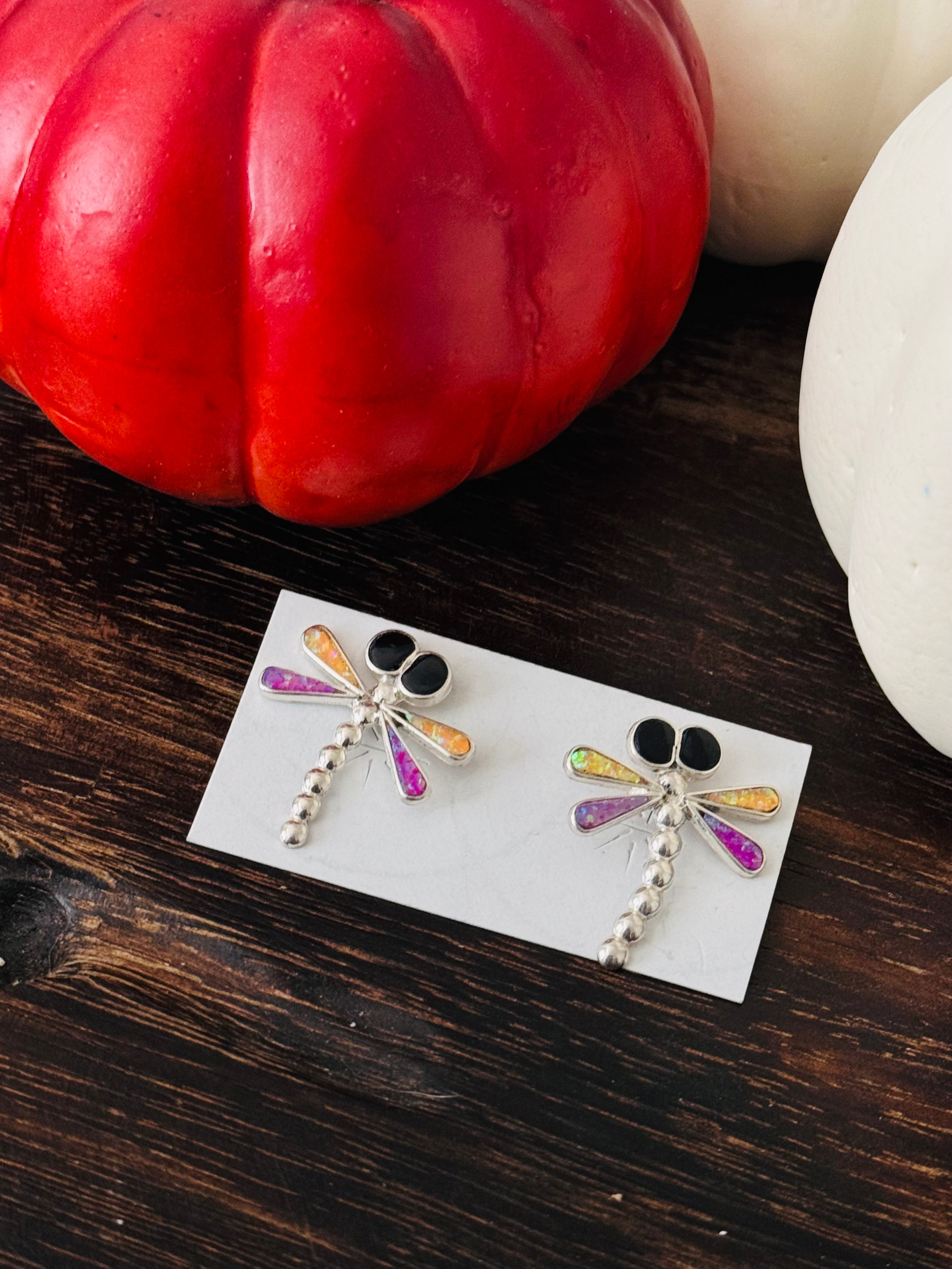 Zuni Made Multi Stone & Sterling Silver Inlay Post Dragonfly Earrings