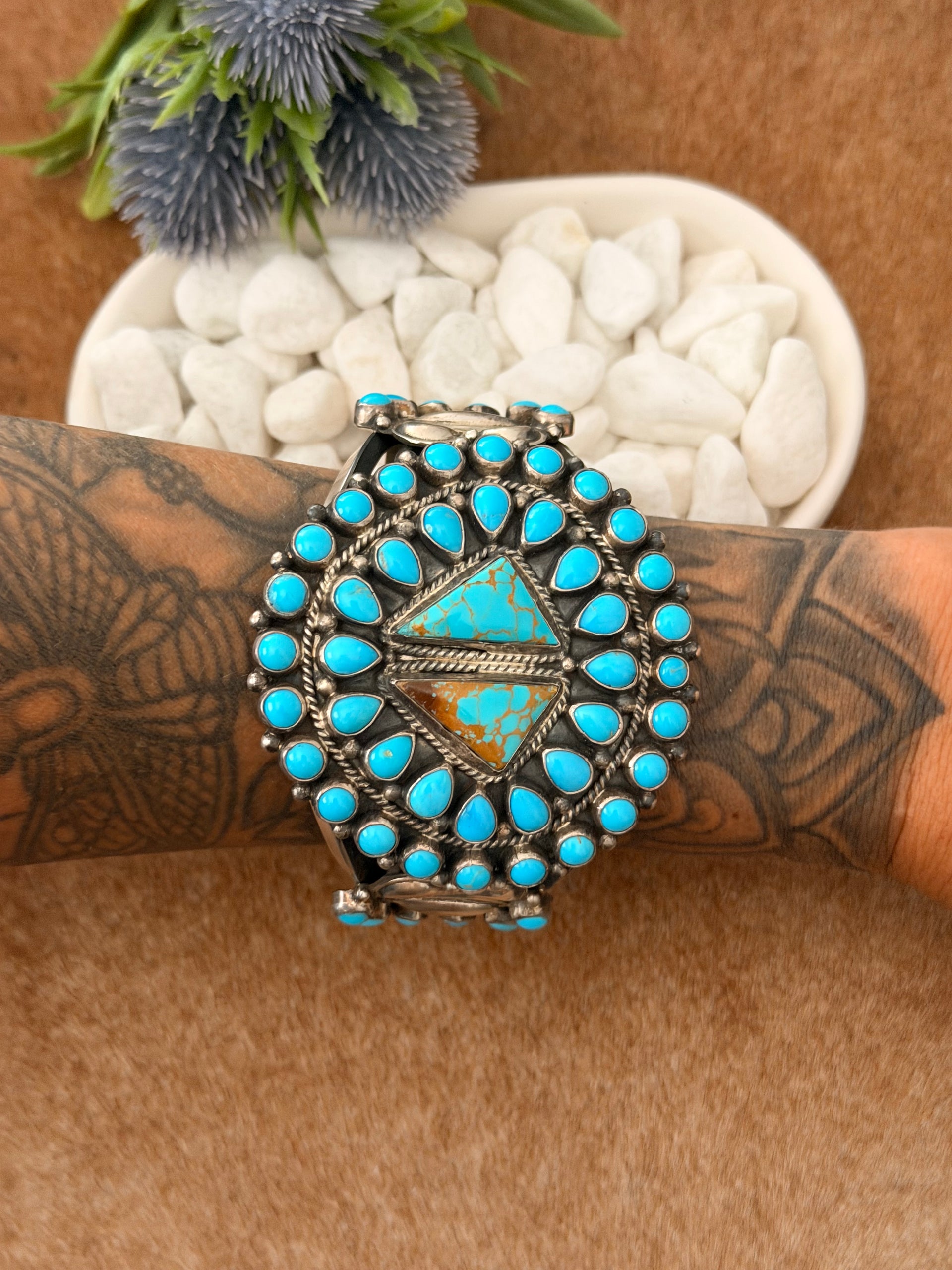 Tyler Brown Navajo Made Mixed Turquoise & Sterling Silver Cluster Cuff Bracelet