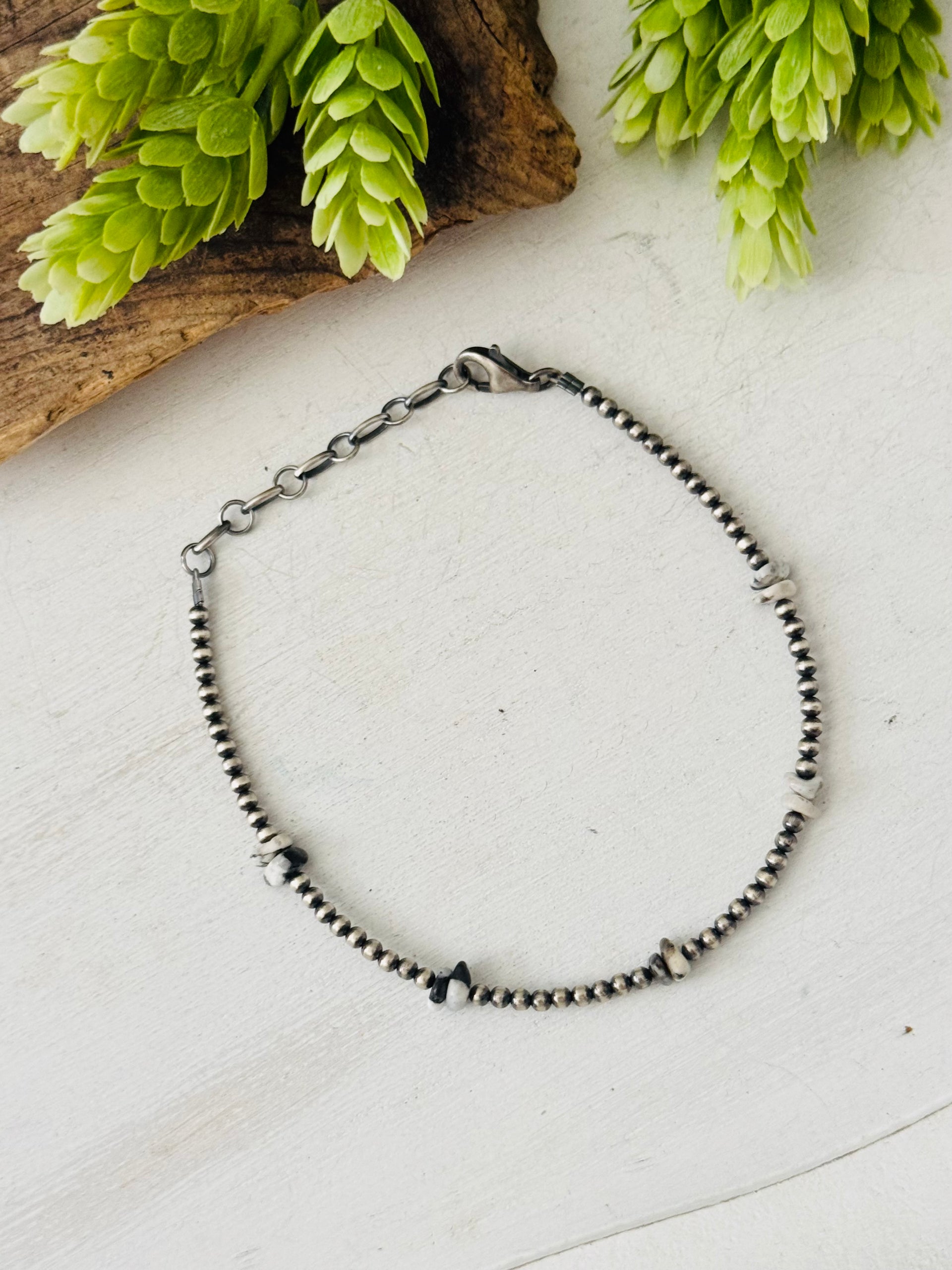 Navajo Made White Buffalo & Sterling Silver Strung Anklet