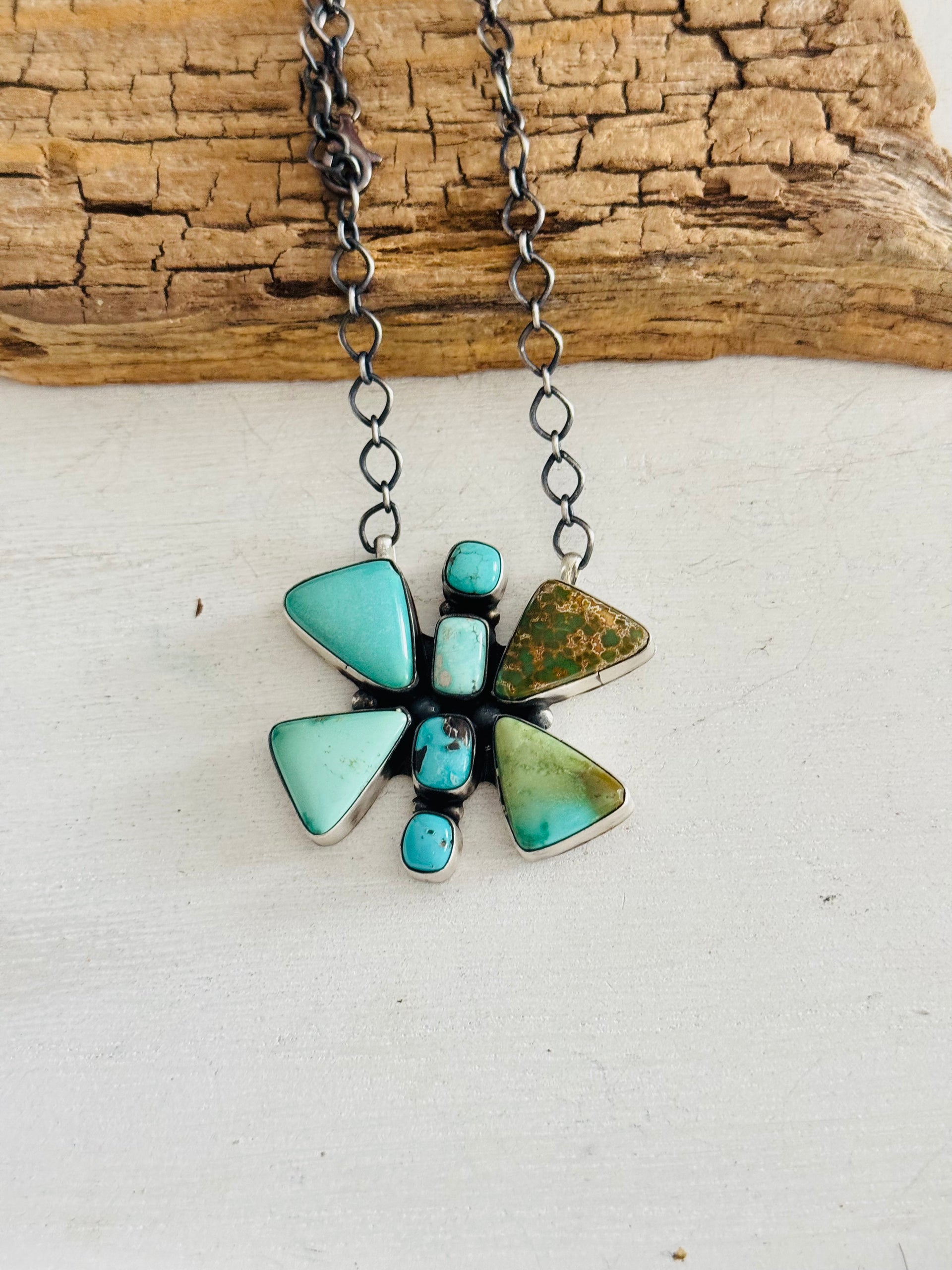 Eli Skeets Royston Turquoise & Sterling Silver Dragonfly Cluster Necklace