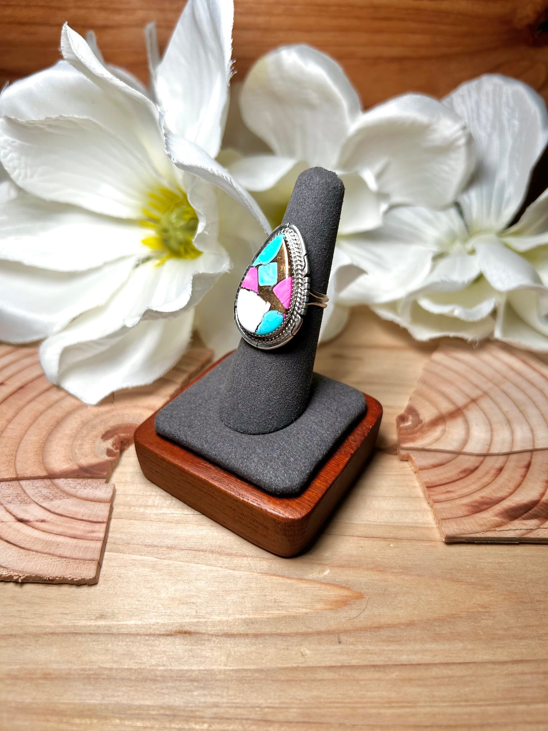 Dave Skeets Cotton Candy Dahlia & Sterling Silver Ring Size 6.75