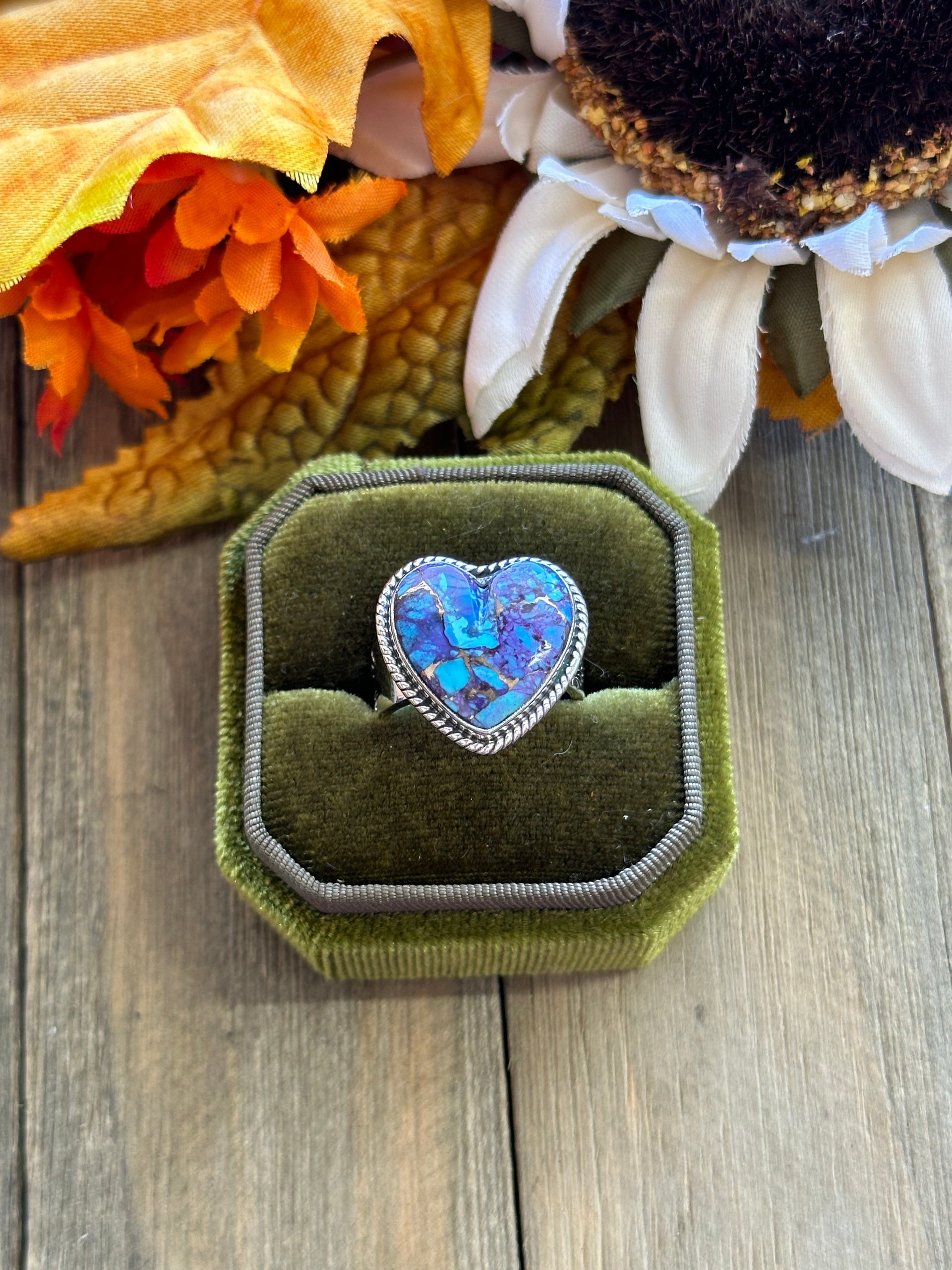 Southwest Handmade Mohave Turquoise & Sterling Silver Adjustable Heart Ring