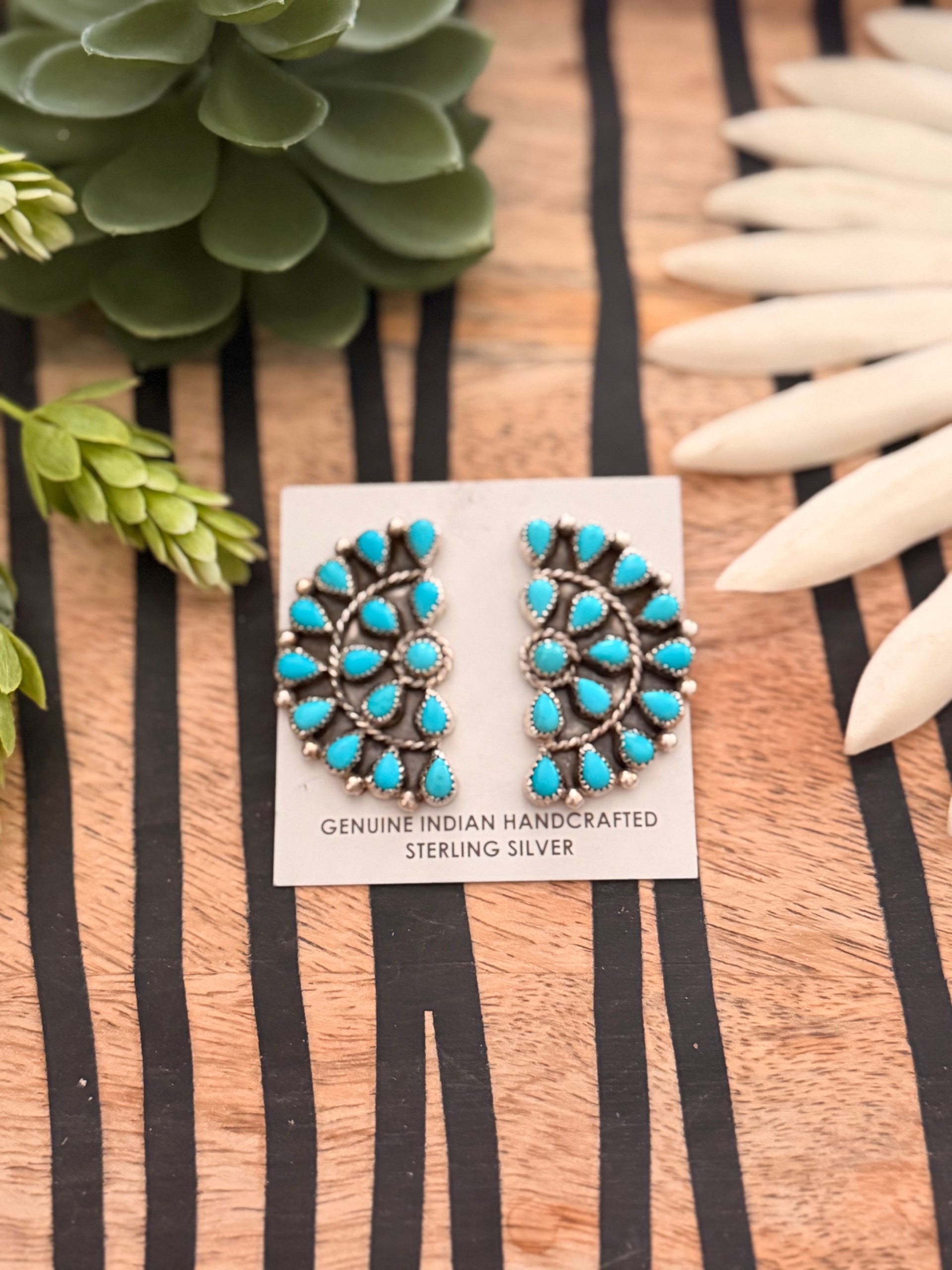 Navajo Made Kingman Turquoise & Sterling Silver Post Dangle Cluster Earrings