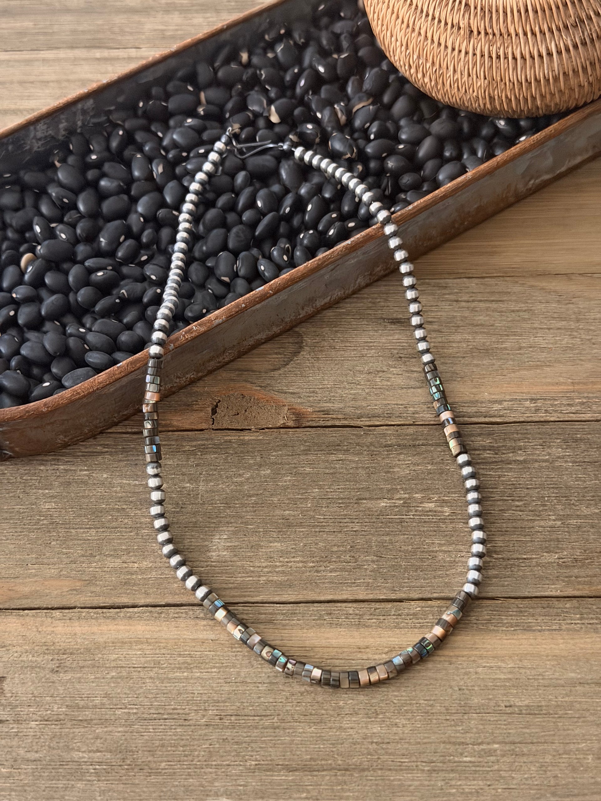 Navajo Strung Abalone & Sterling Silver 16” Machine Made Pearl Necklace