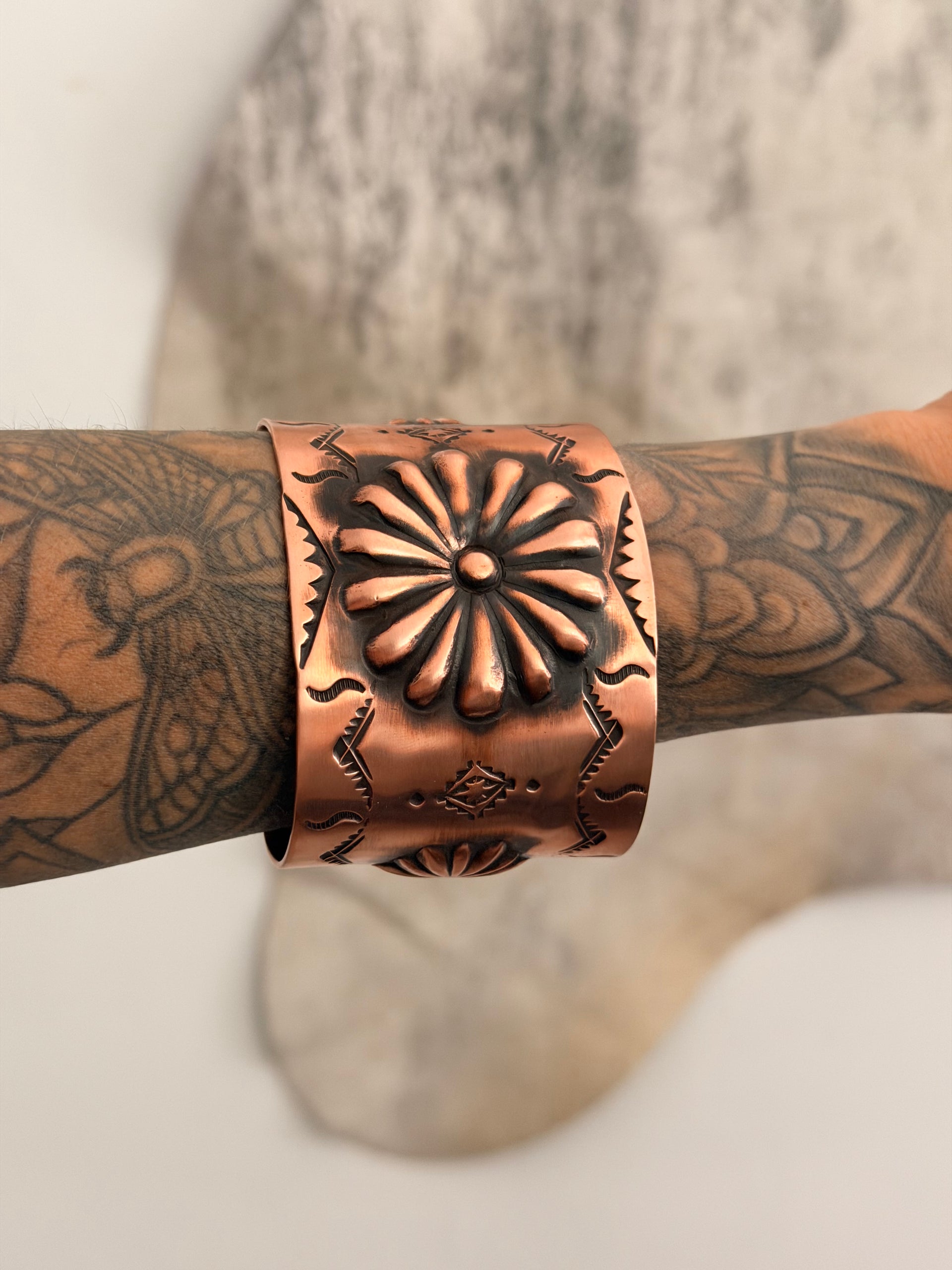 Elvira Bill Copper Stamped Concho Cuff Bracelet