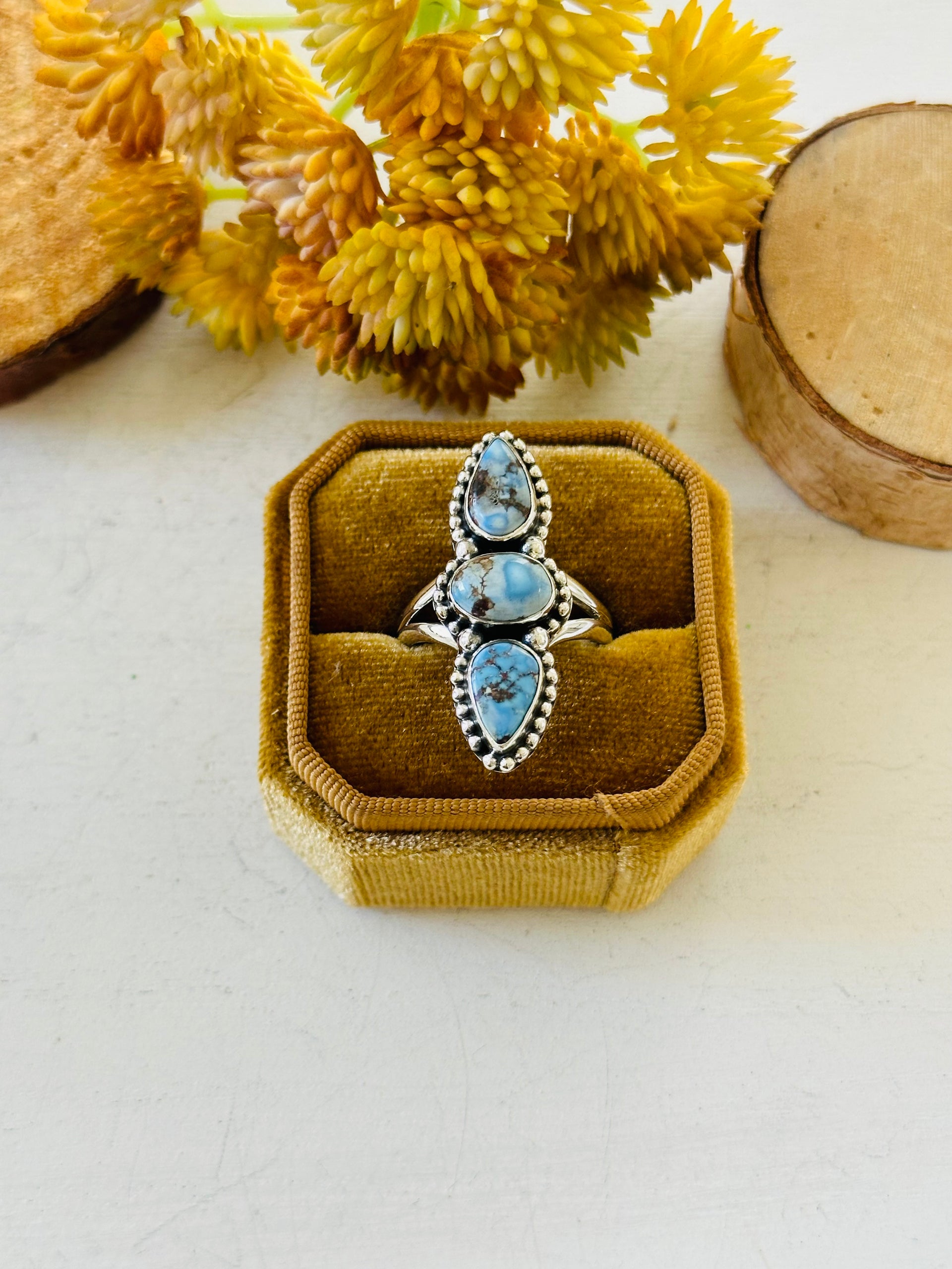 Southwest Handmade Golden Hills Turquoise & Sterling Silver Ring Size 9.75