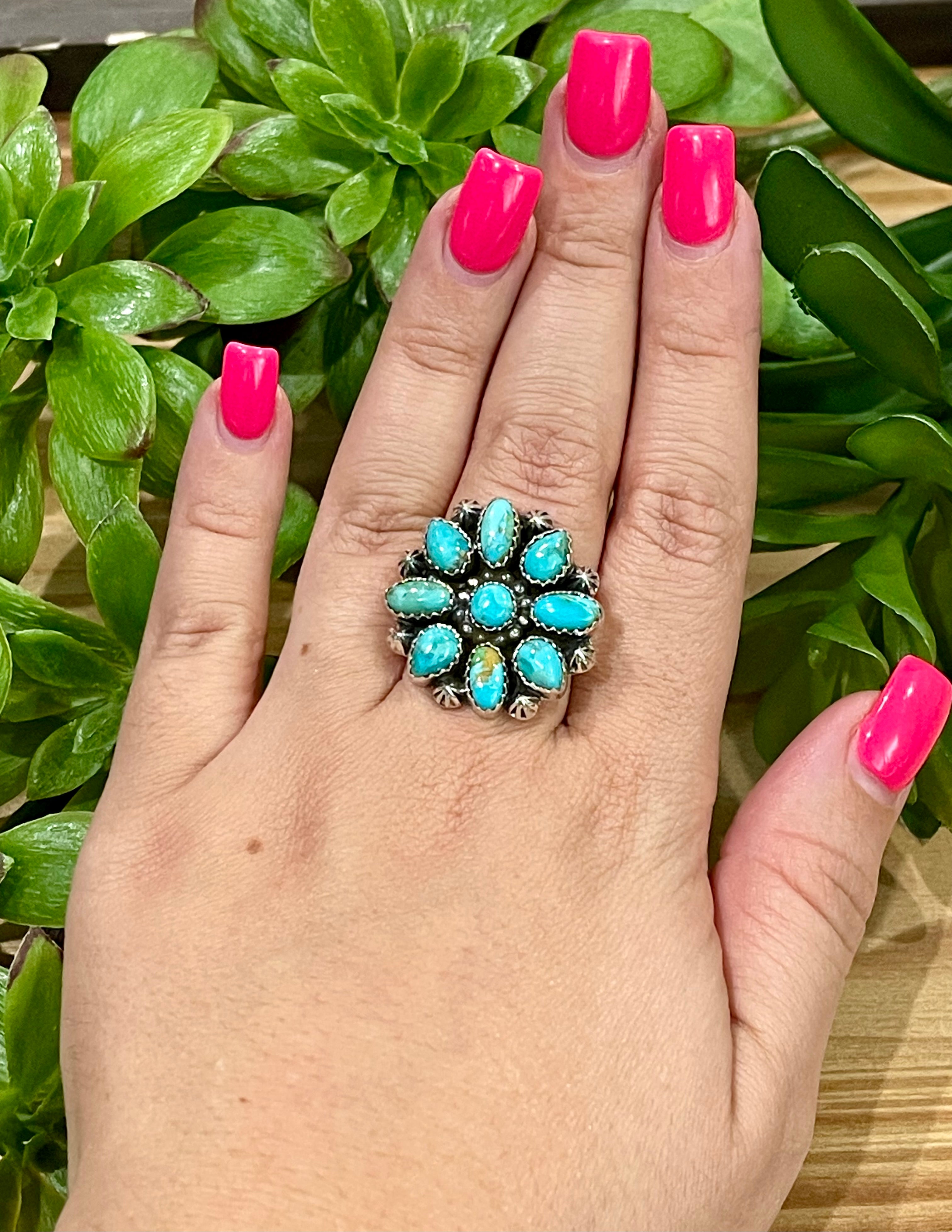 Southwest Handmade Kingman Turquoise & Sterling Silver Adjustable Flower Ring