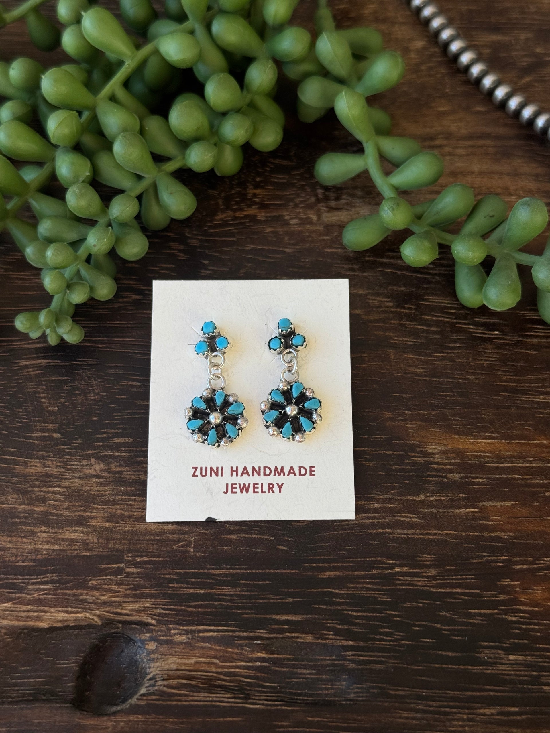 Zuni Made Kingman Turquoise & Sterling Silver Post Dangle Earrings