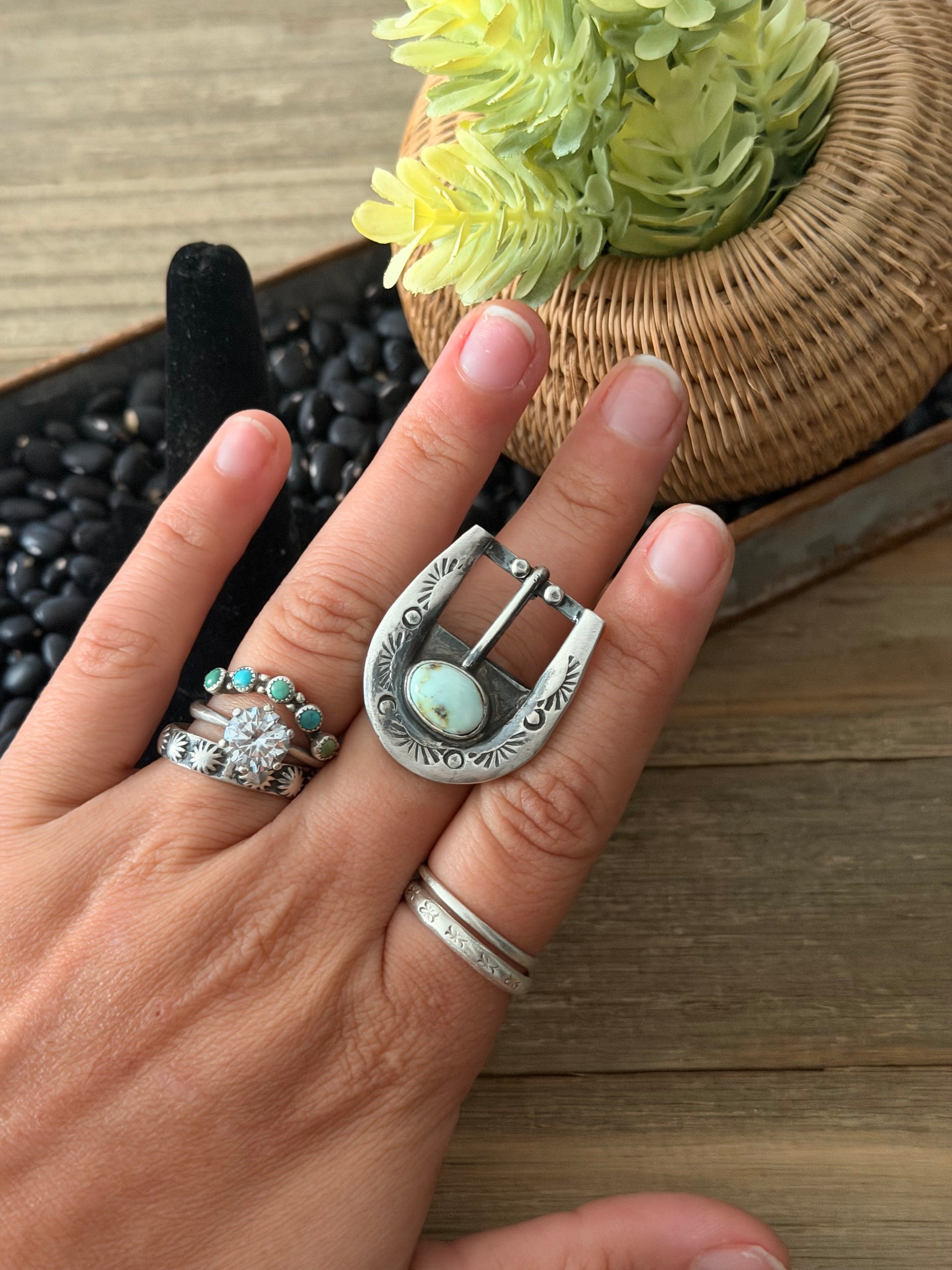 Patrick Yazzie Palomino Variscite & Sterling Silver Adjustable Buckle Ring