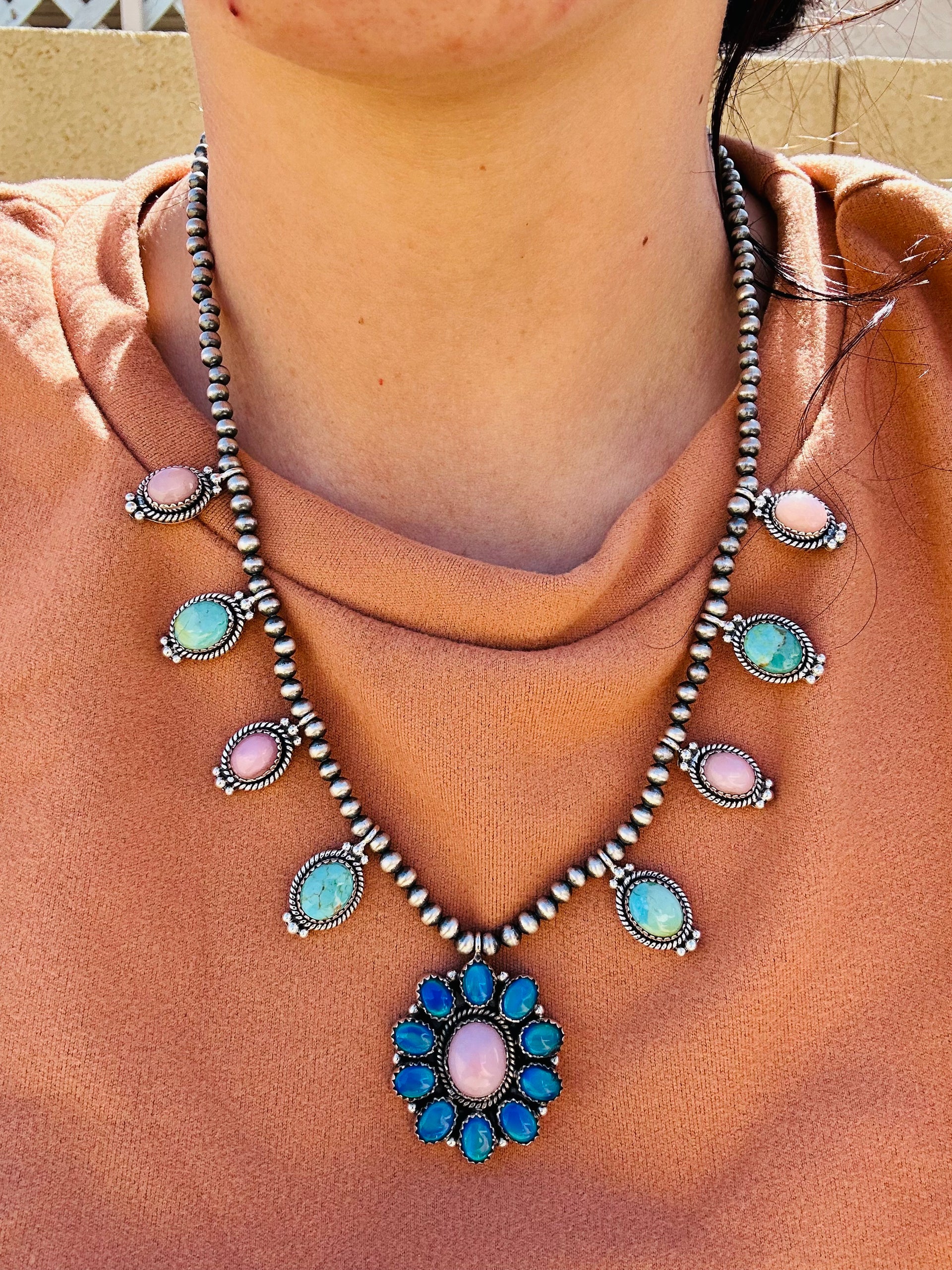 Southwest Handmade Multi Stone & Sterling Silver Cluster Necklace
