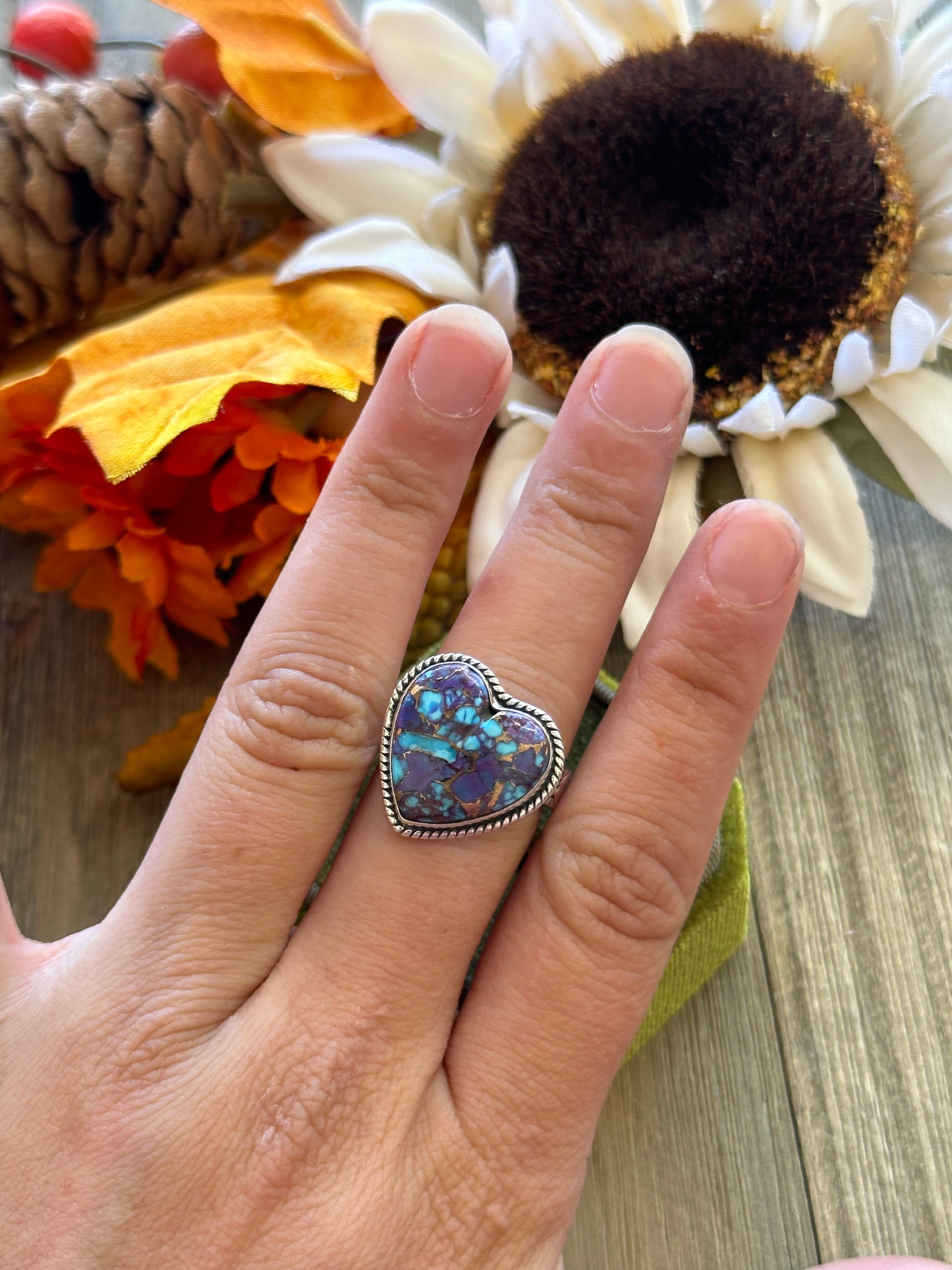 Southwest Handmade Mohave Turquoise & Sterling Silver Adjustable Heart Ring