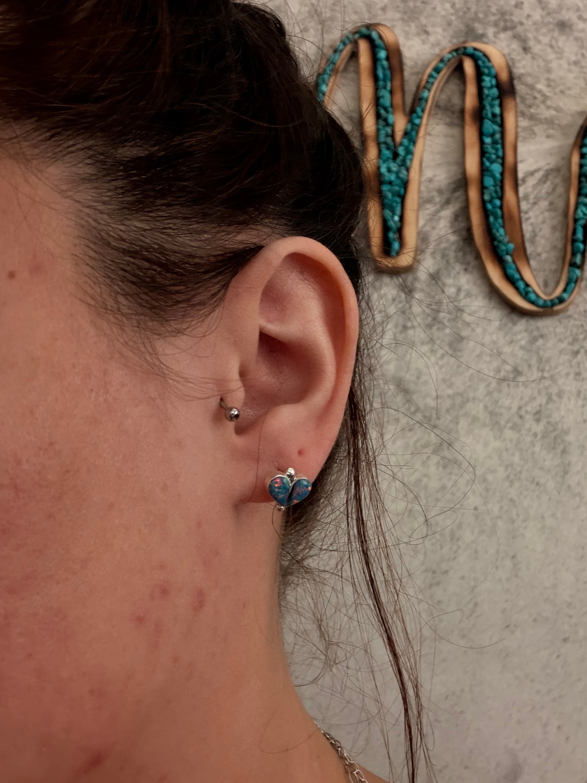 Zuni Made Opal (Man Made) & Sterling Silver Post Heart Earrings