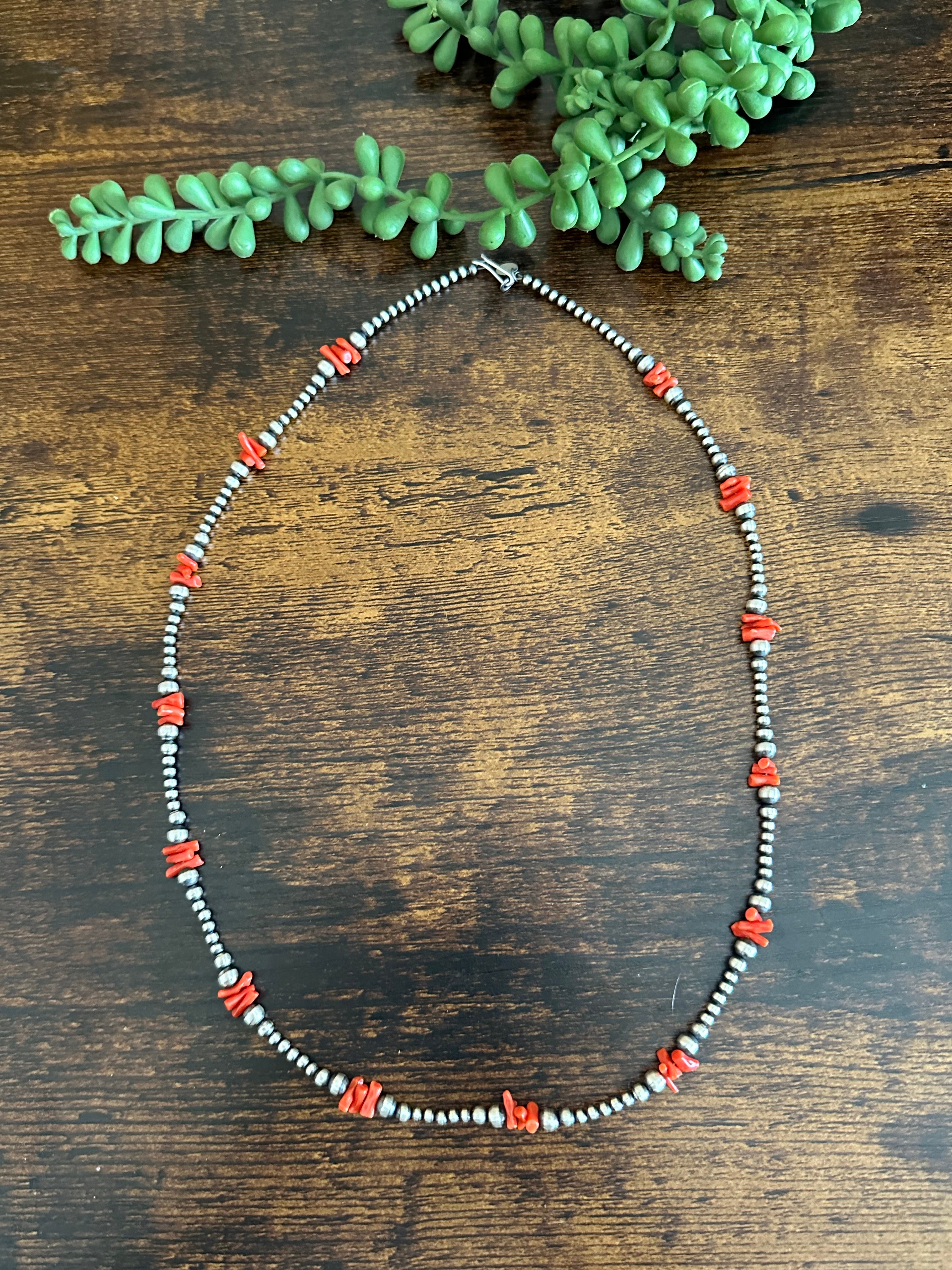 Navajo Strung Red Coral & Sterling Silver Graduated Pearls Beaded Necklace