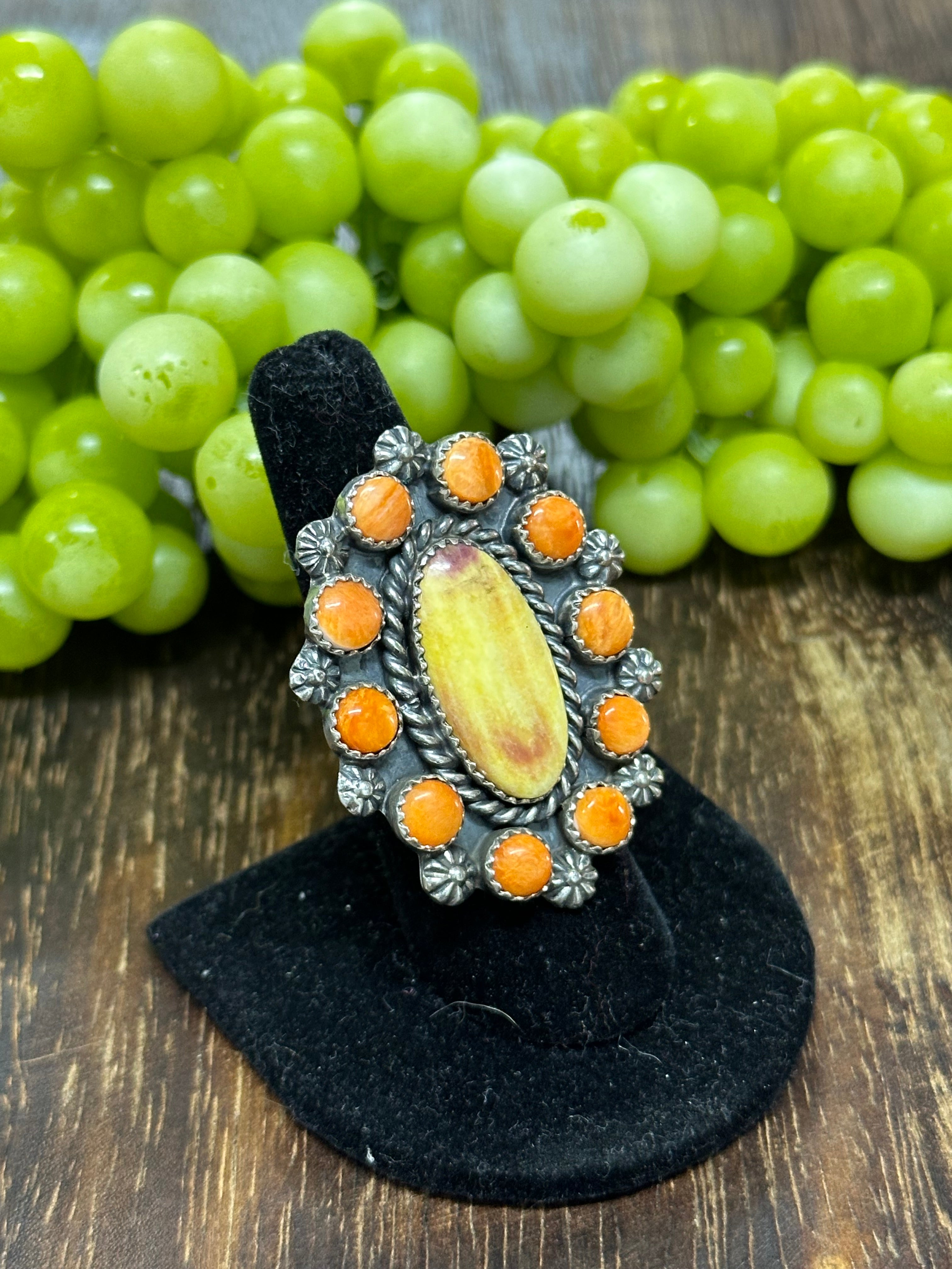 Navajo Handmade Spiny Oyster & Sterling Silver Adjustable Ring