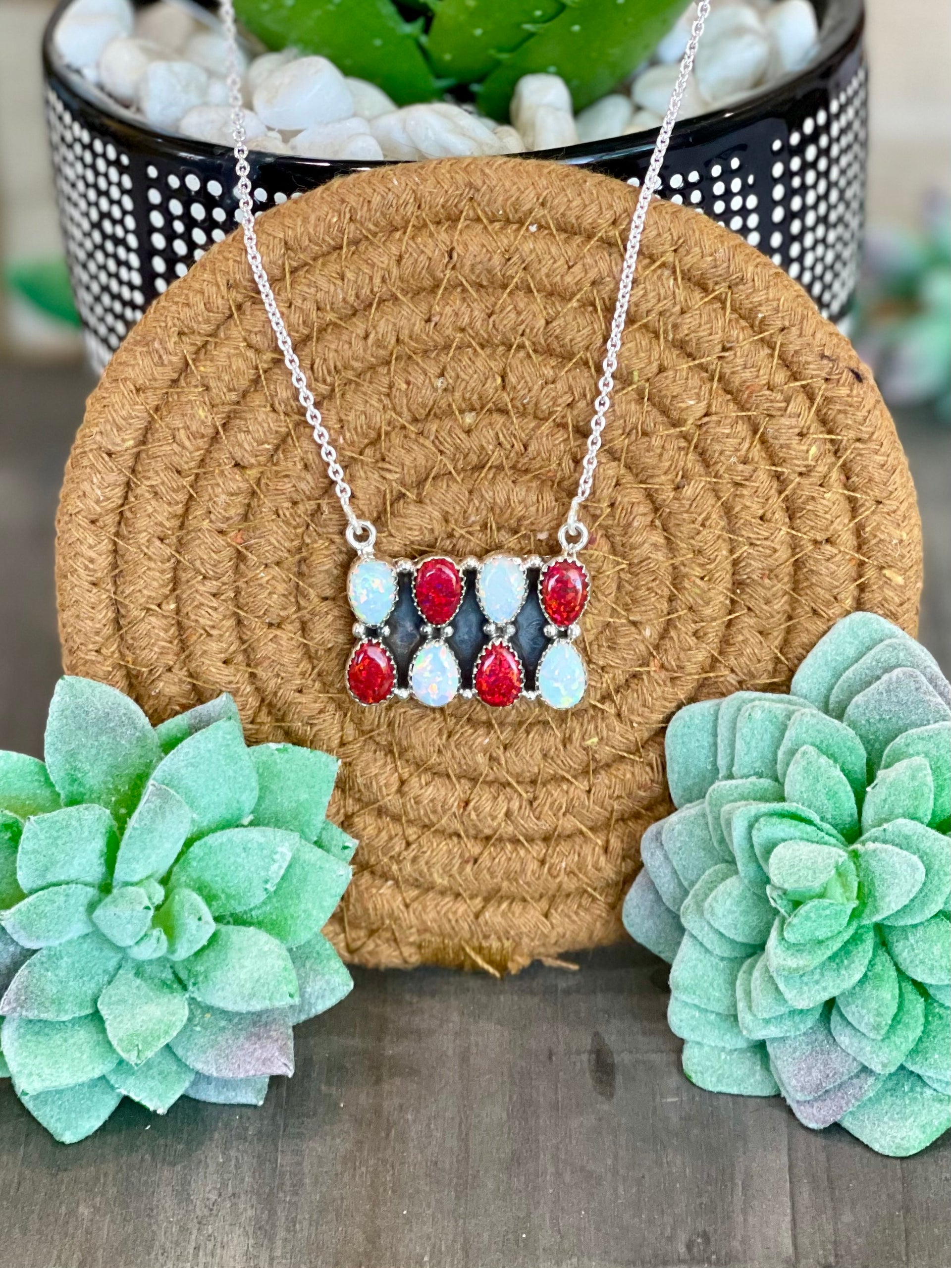 Southwest Handmade Multi Stone & Sterling Silver Cluster Bar Necklace
