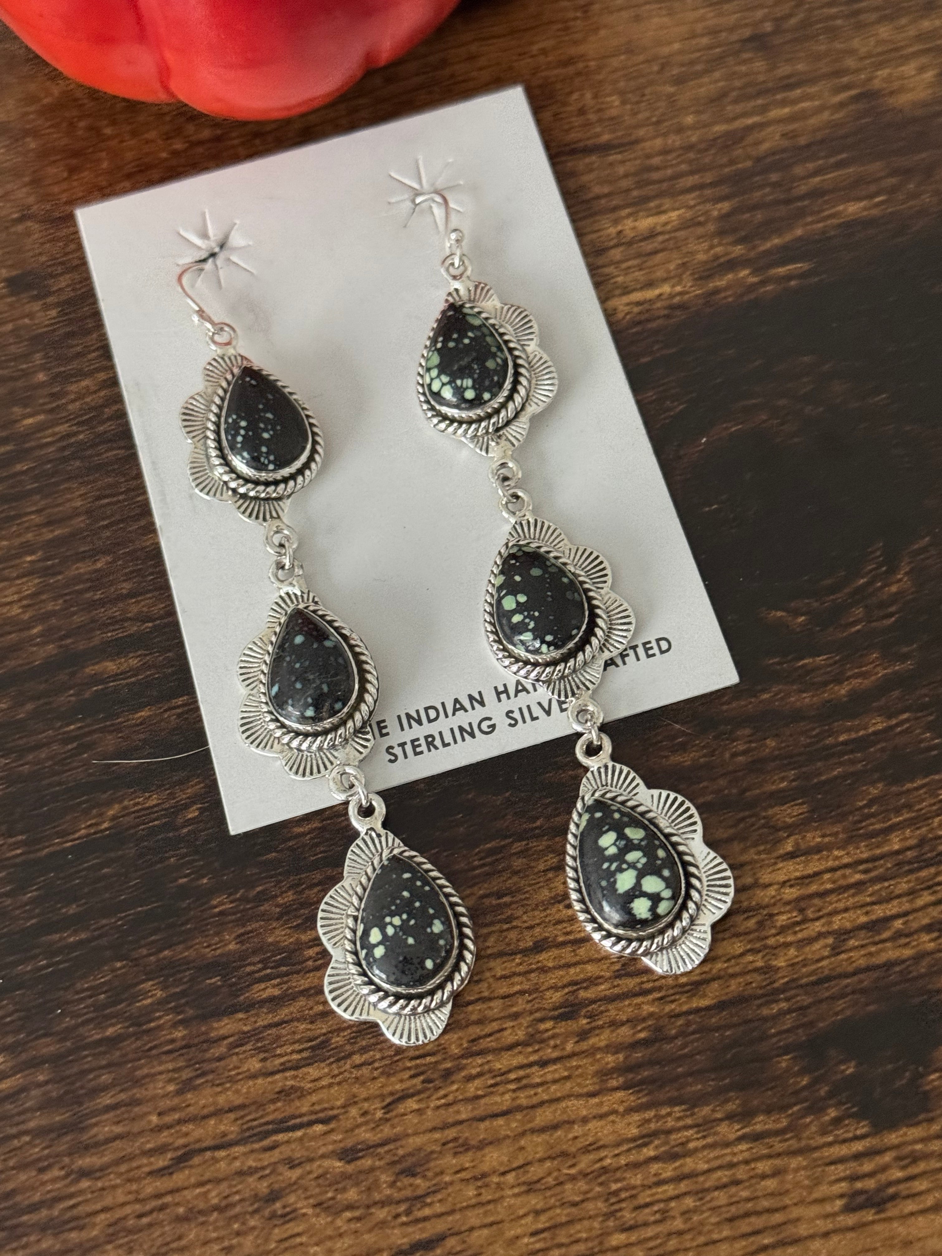 Southwest Handmade New Lander Variscite & Sterling Silver Dangle Earrings