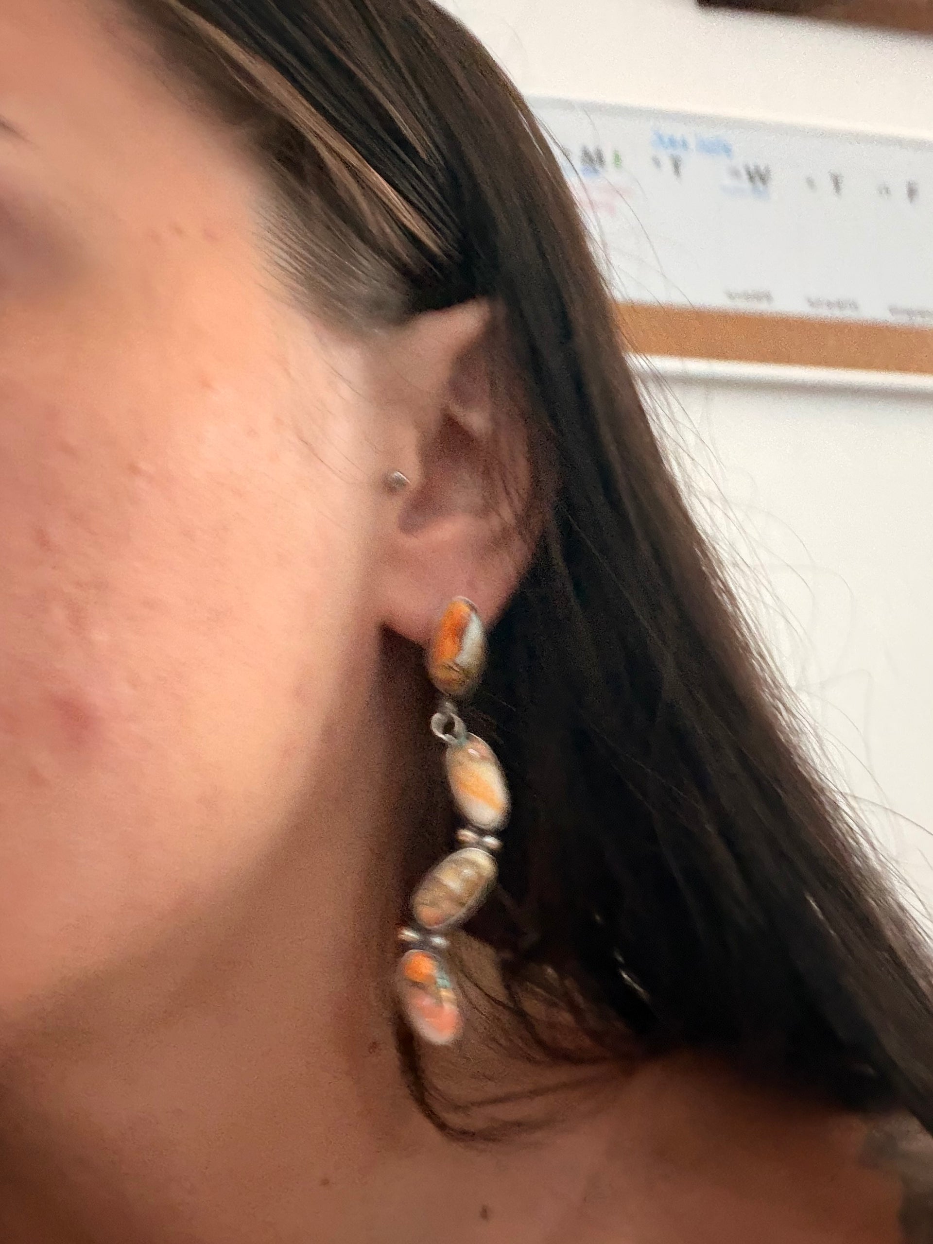 Navajo Made Mohave Turquoise & Sterling Silver Post Dangle Earrings