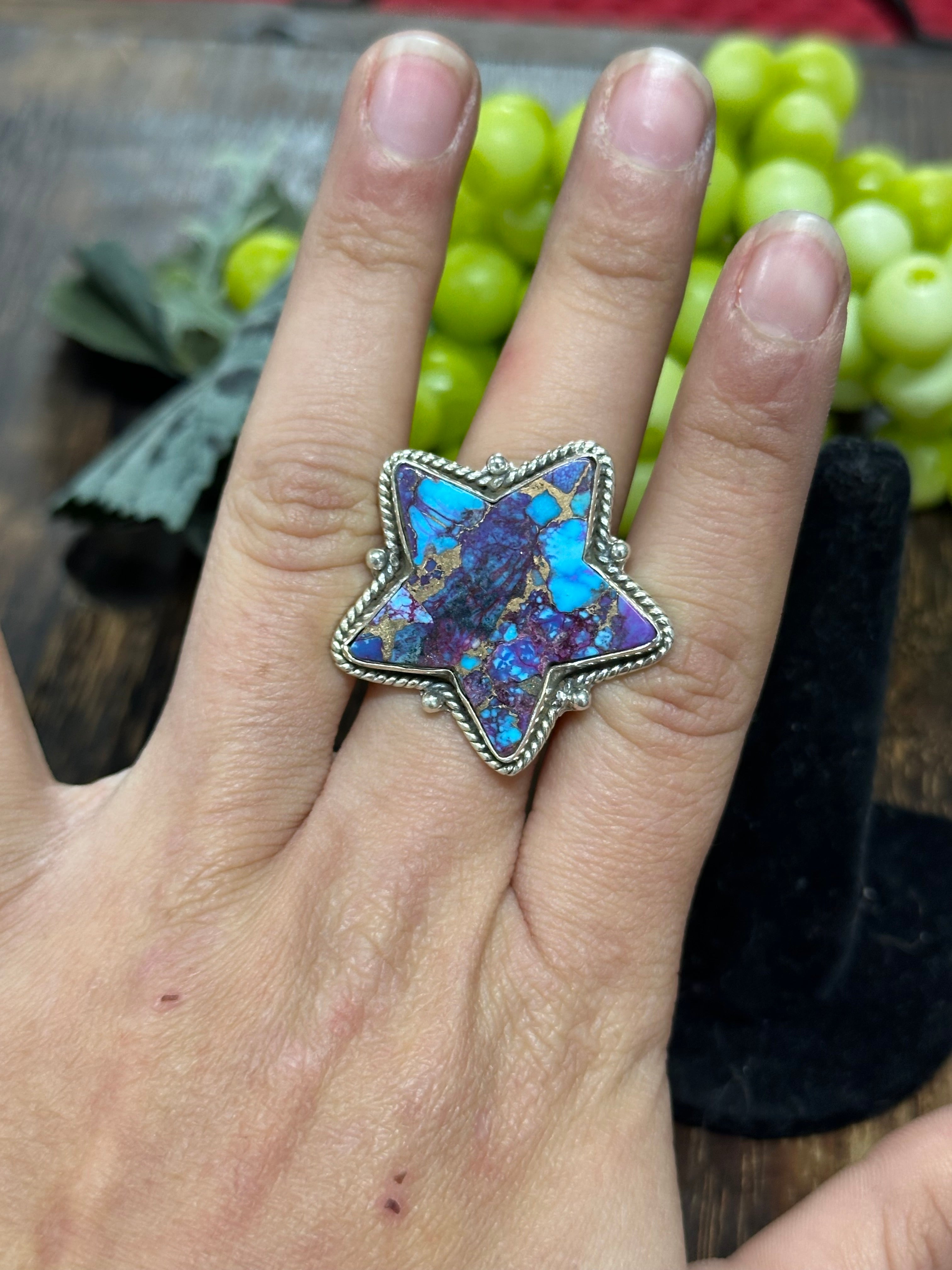 Southwest Handmade Mohave Turquoise & Sterling Silver Adjustable Star Ring