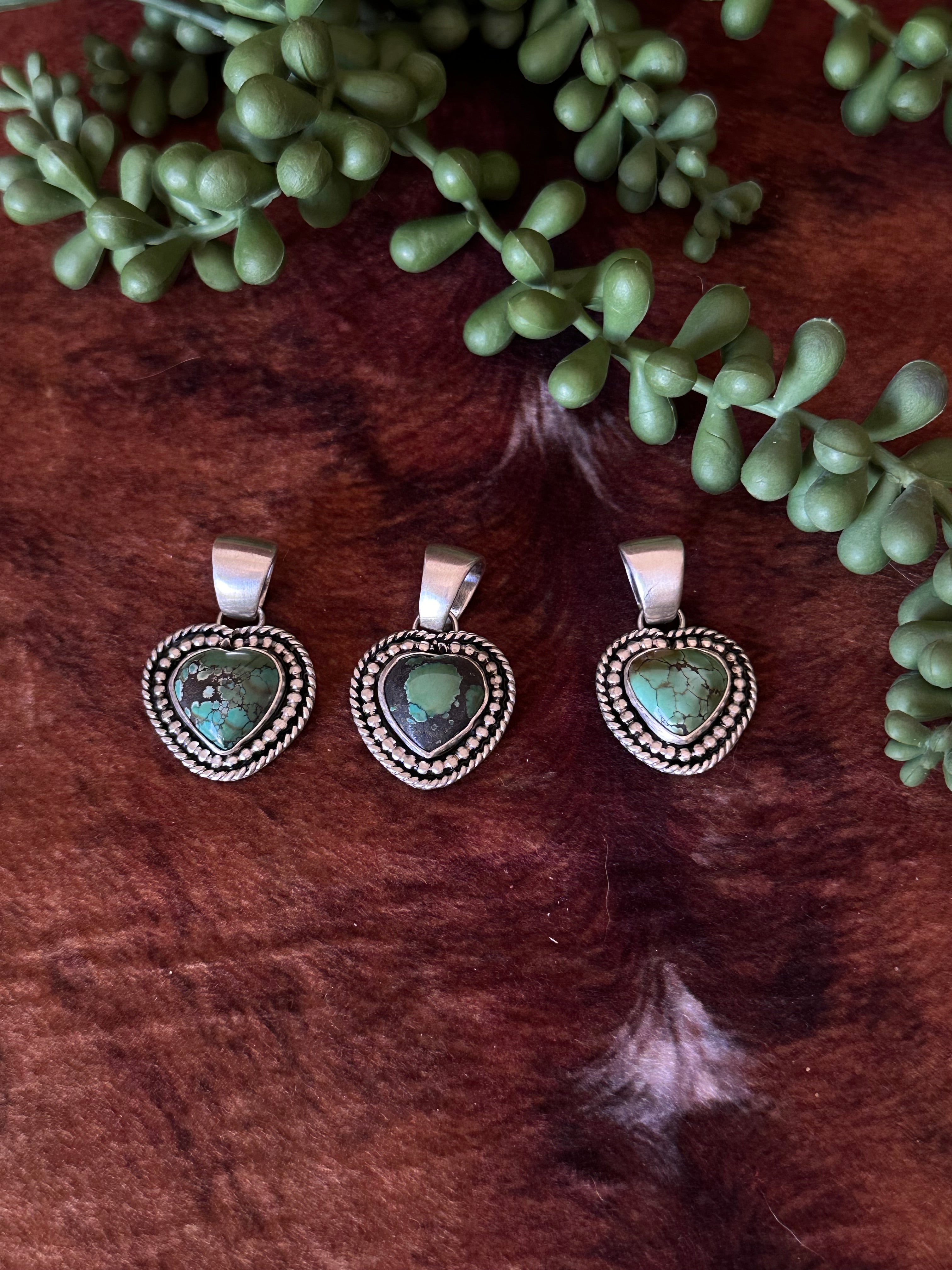 Navajo Handmade Hubei Turquoise & Sterling Silver Heart Pendant