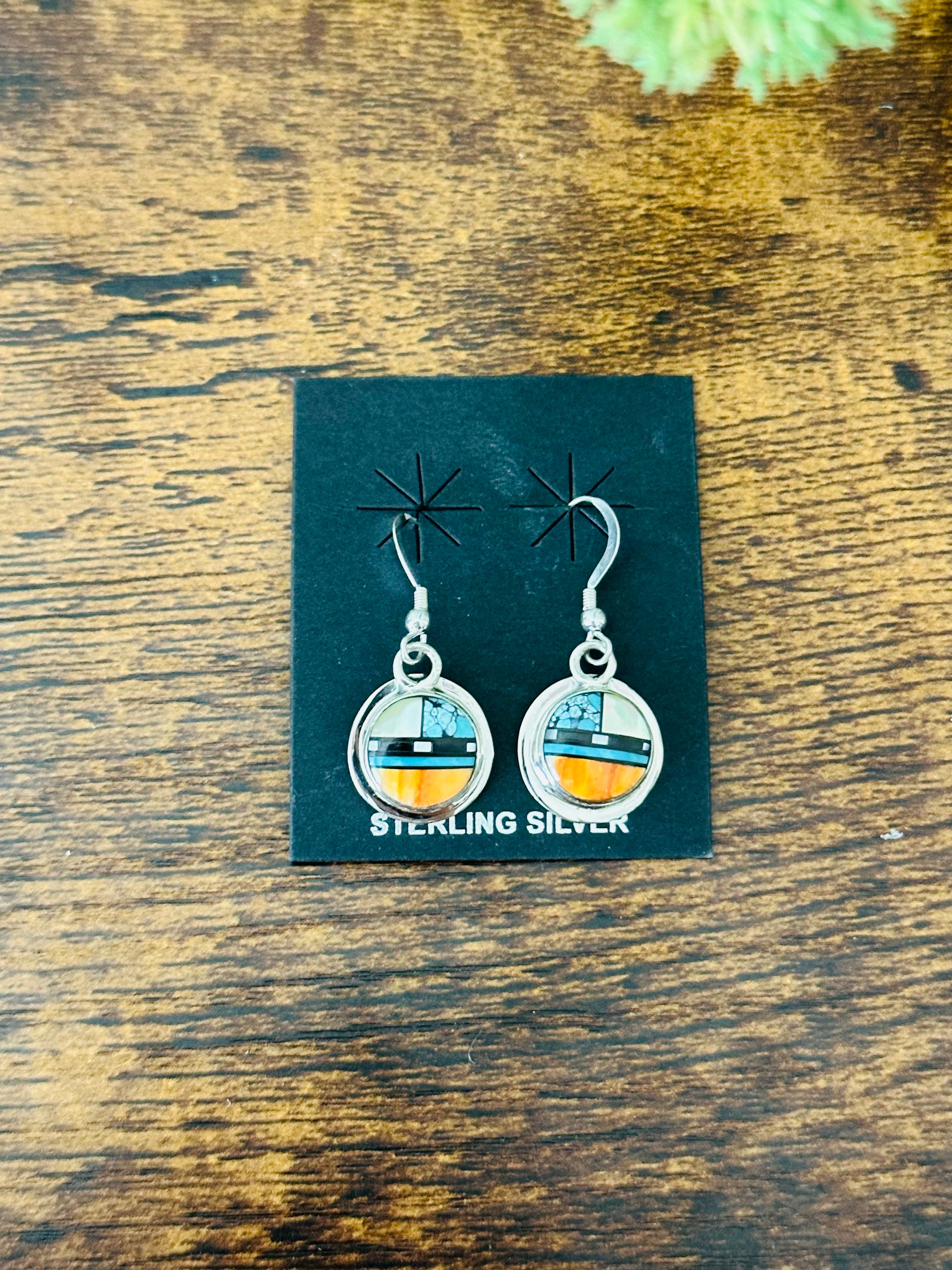 Navajo Made Turquoise & Sterling Silver Inlay Dangle Earrings