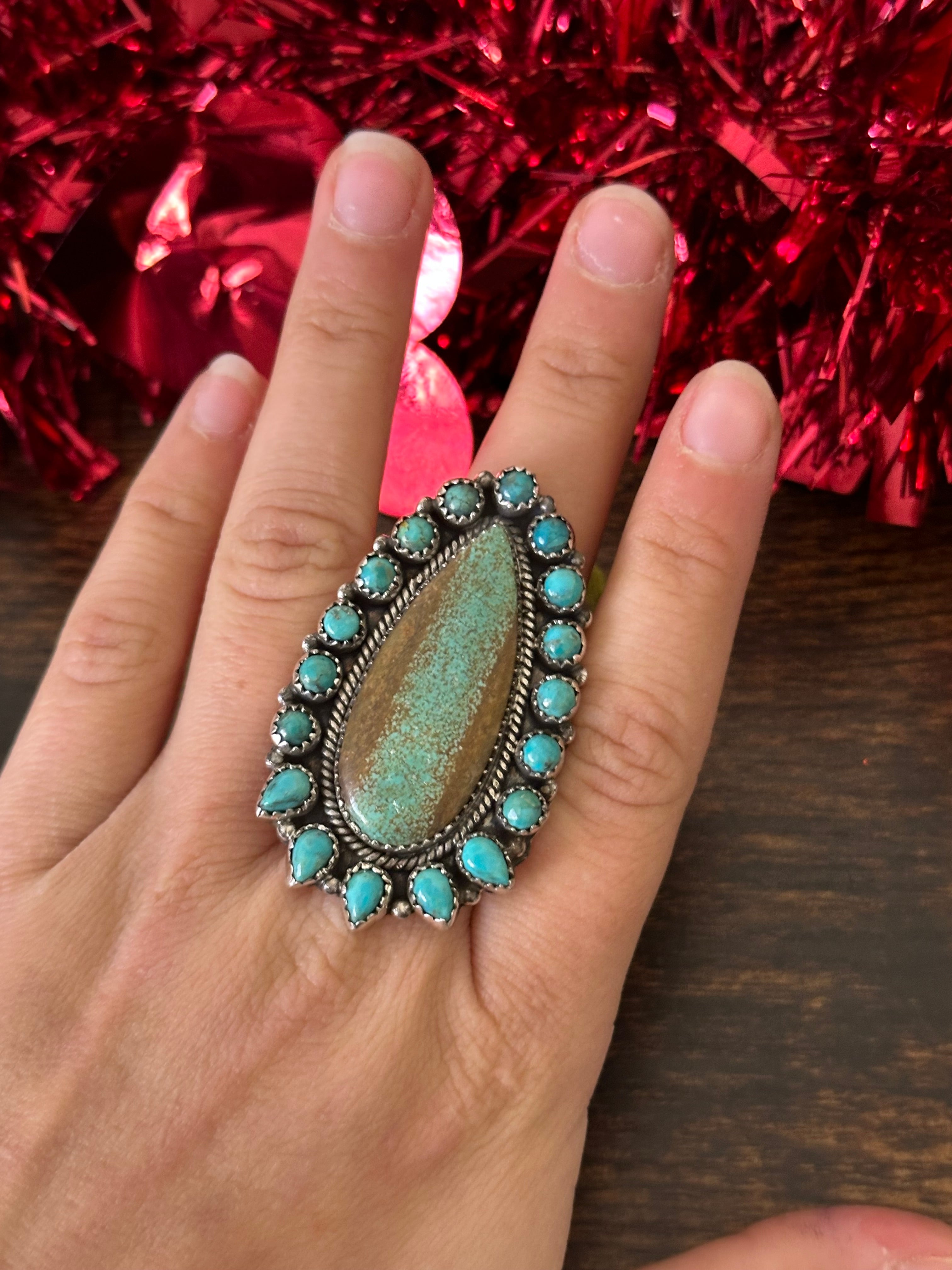 Southwest Handmade Multi Turquoise & Sterling Silver Cluster Adjustable Ring