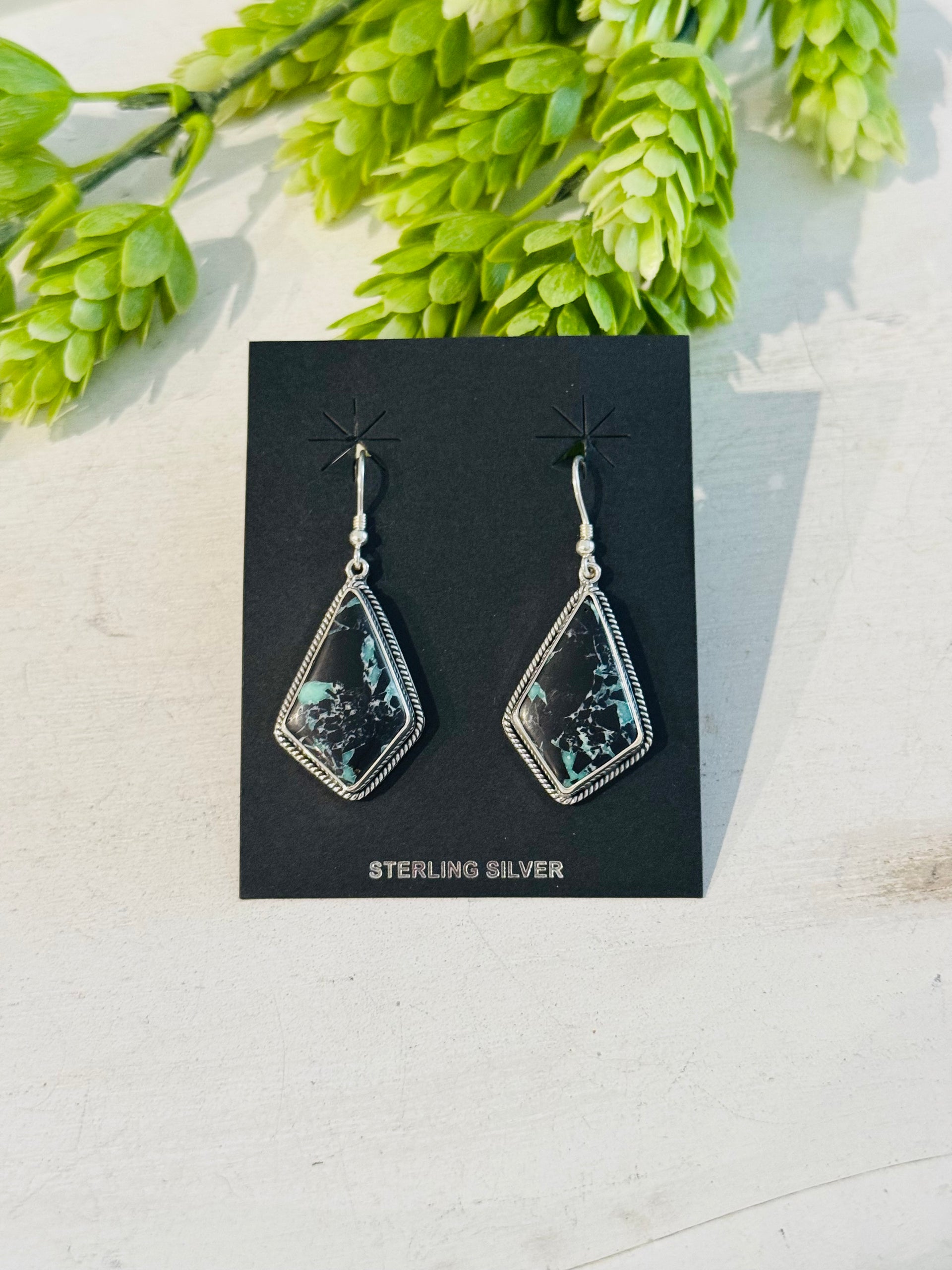 Southwest Handmade Black Jack Turquoise & Sterling Silver Dangle Earrings