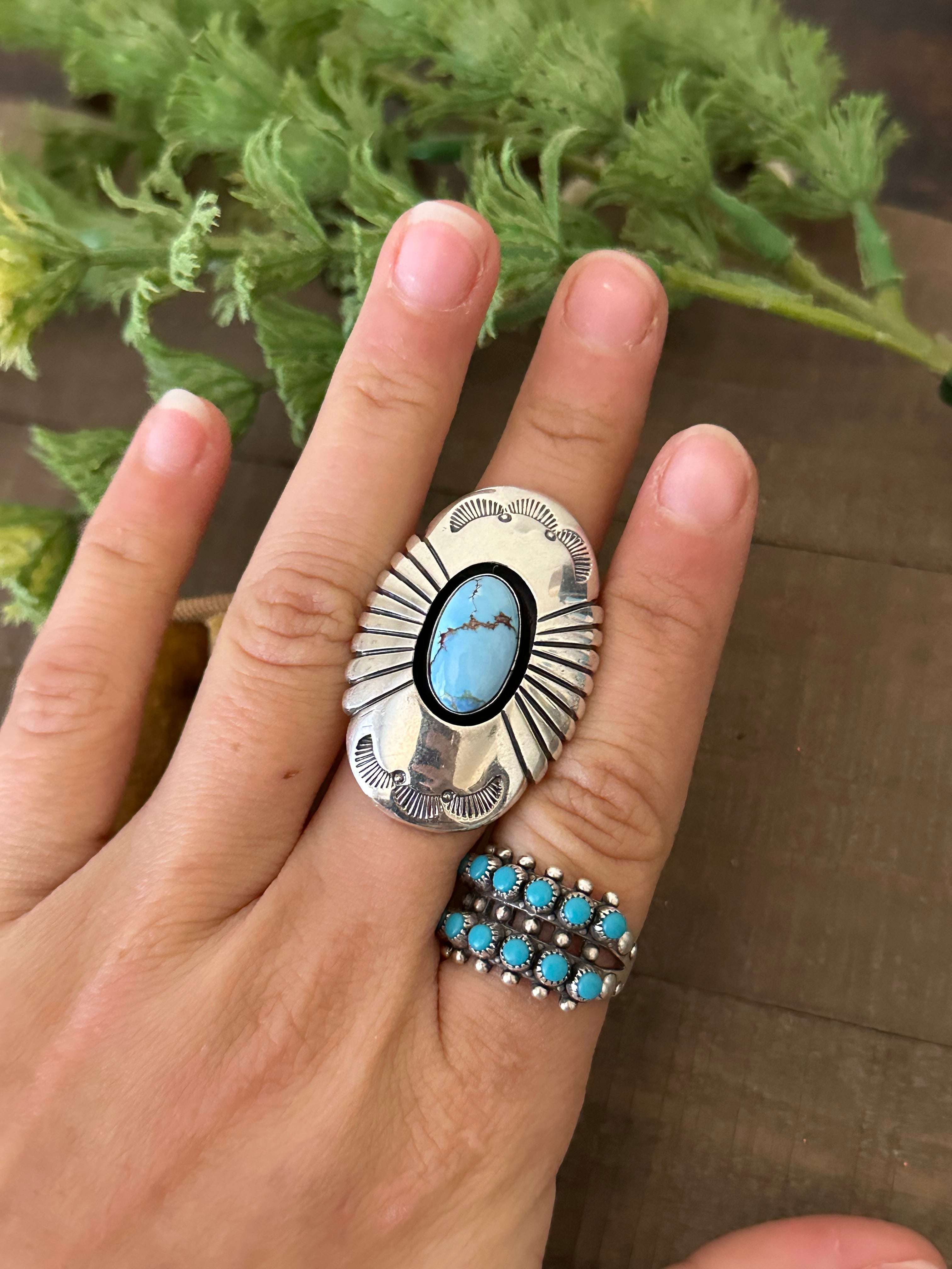 P Begay Golden Hills Turquoise & Sterling Silver Ring Size 8.75