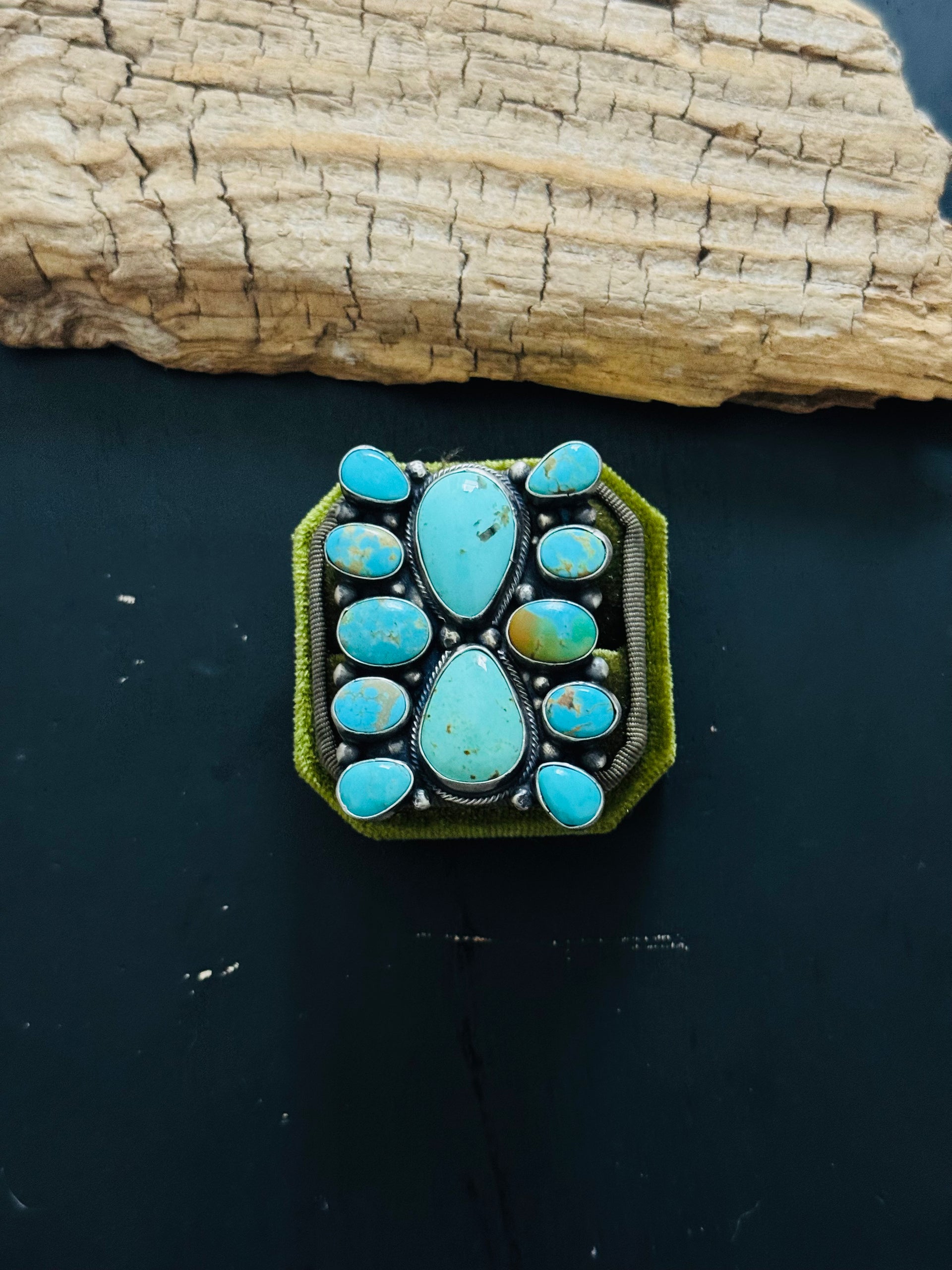 Sheila Becenti Kingman Turquoise Sterling Silver Cluster Ring Size 9