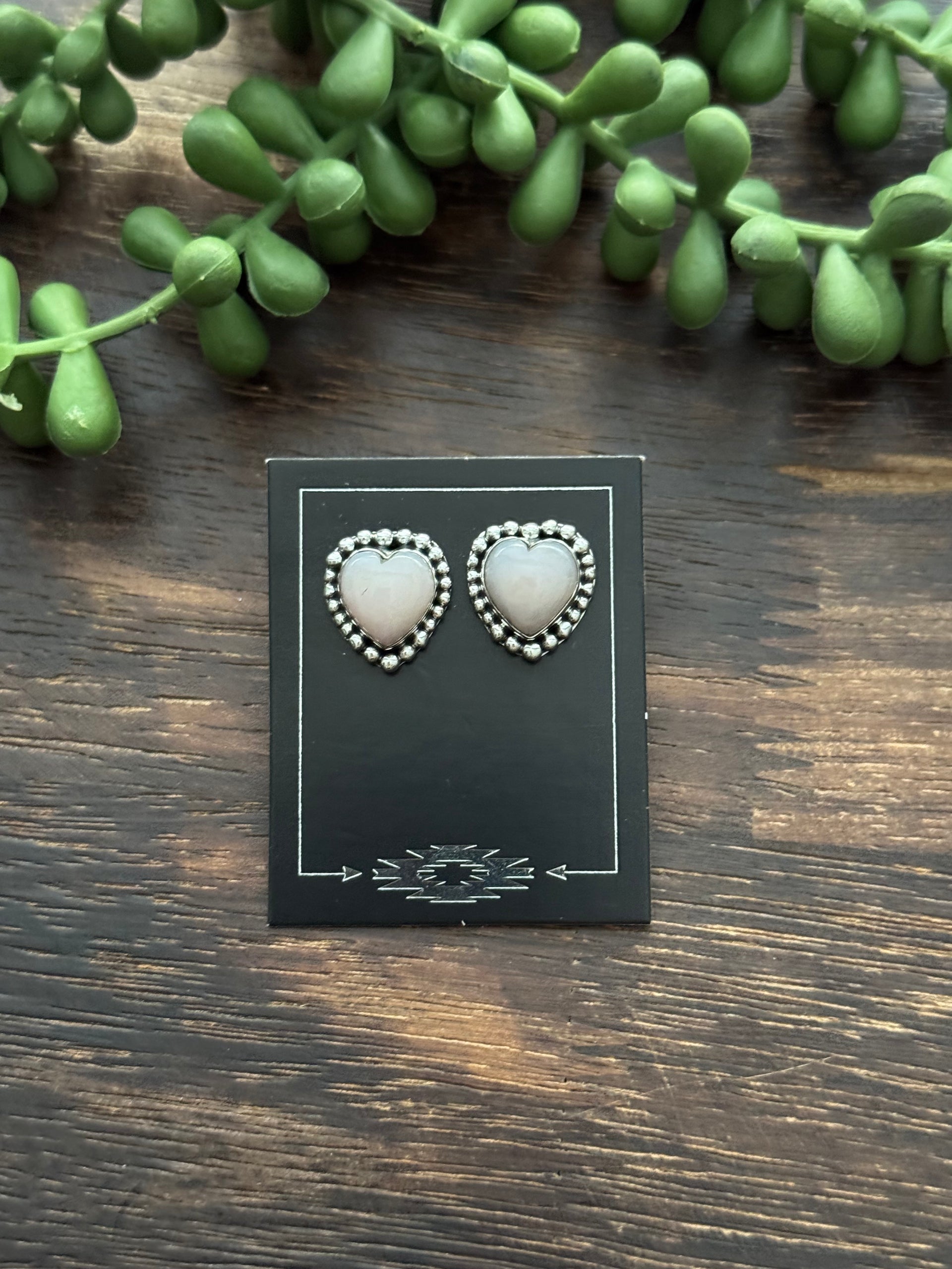 Southwest Handmade Peruvian Pink Opal & Sterling Silver Heart Post Earrings
