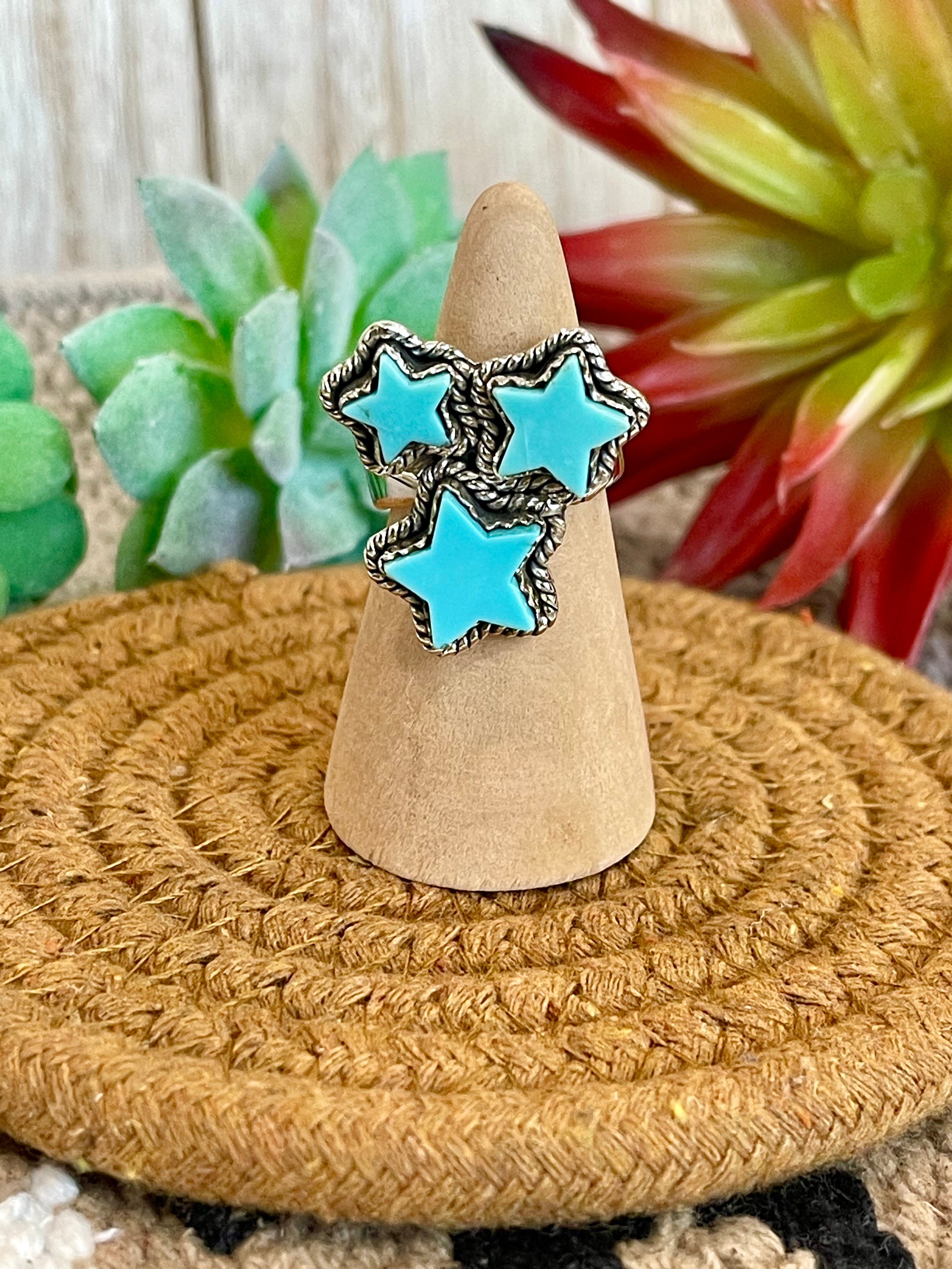 Southwest Handmade Kingman Turquoise & Sterling Silver Adjustable Star Ring