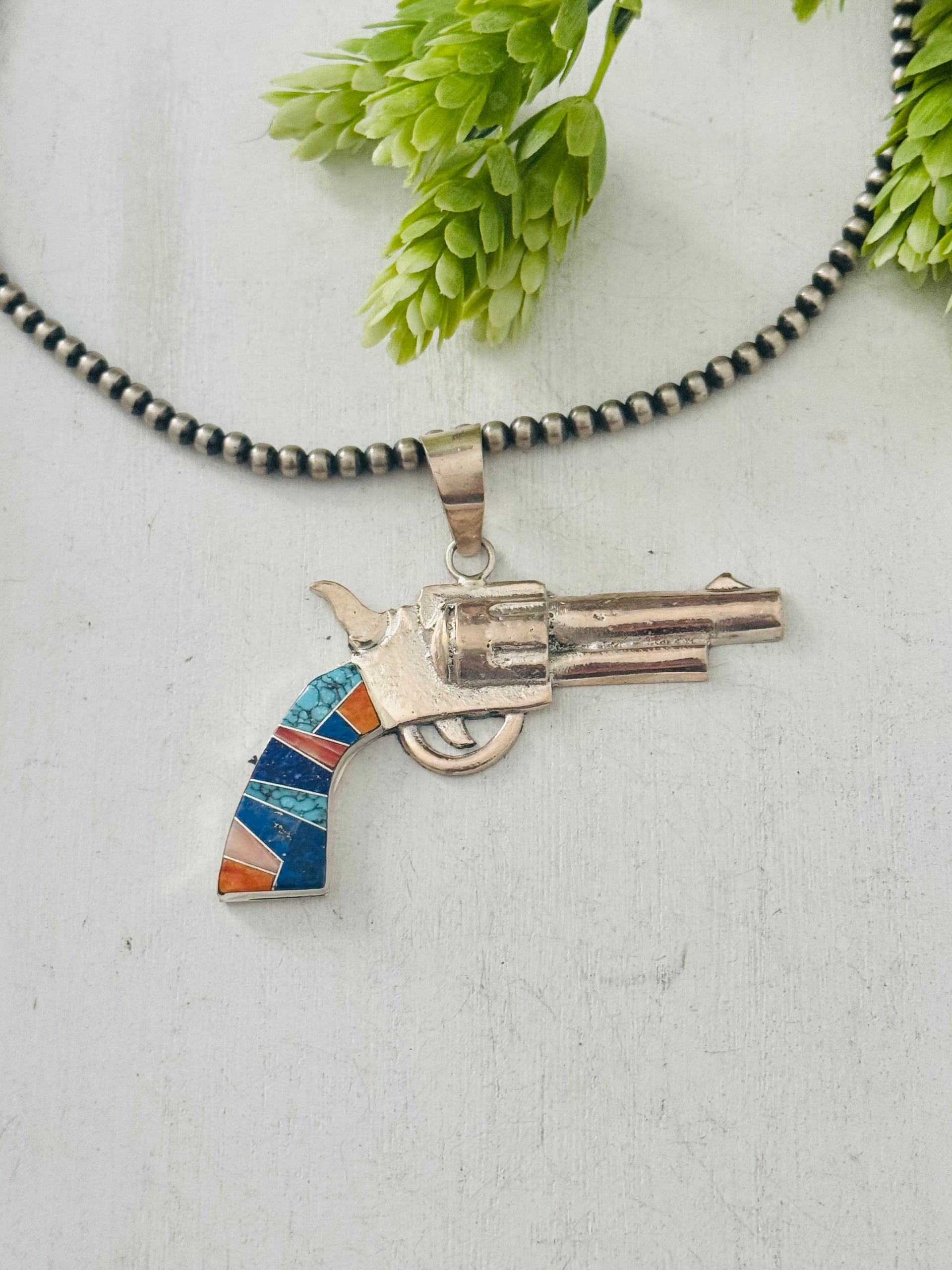 Bobby Mannelito Multi Stone & Sterling Silver Pistol Pendant