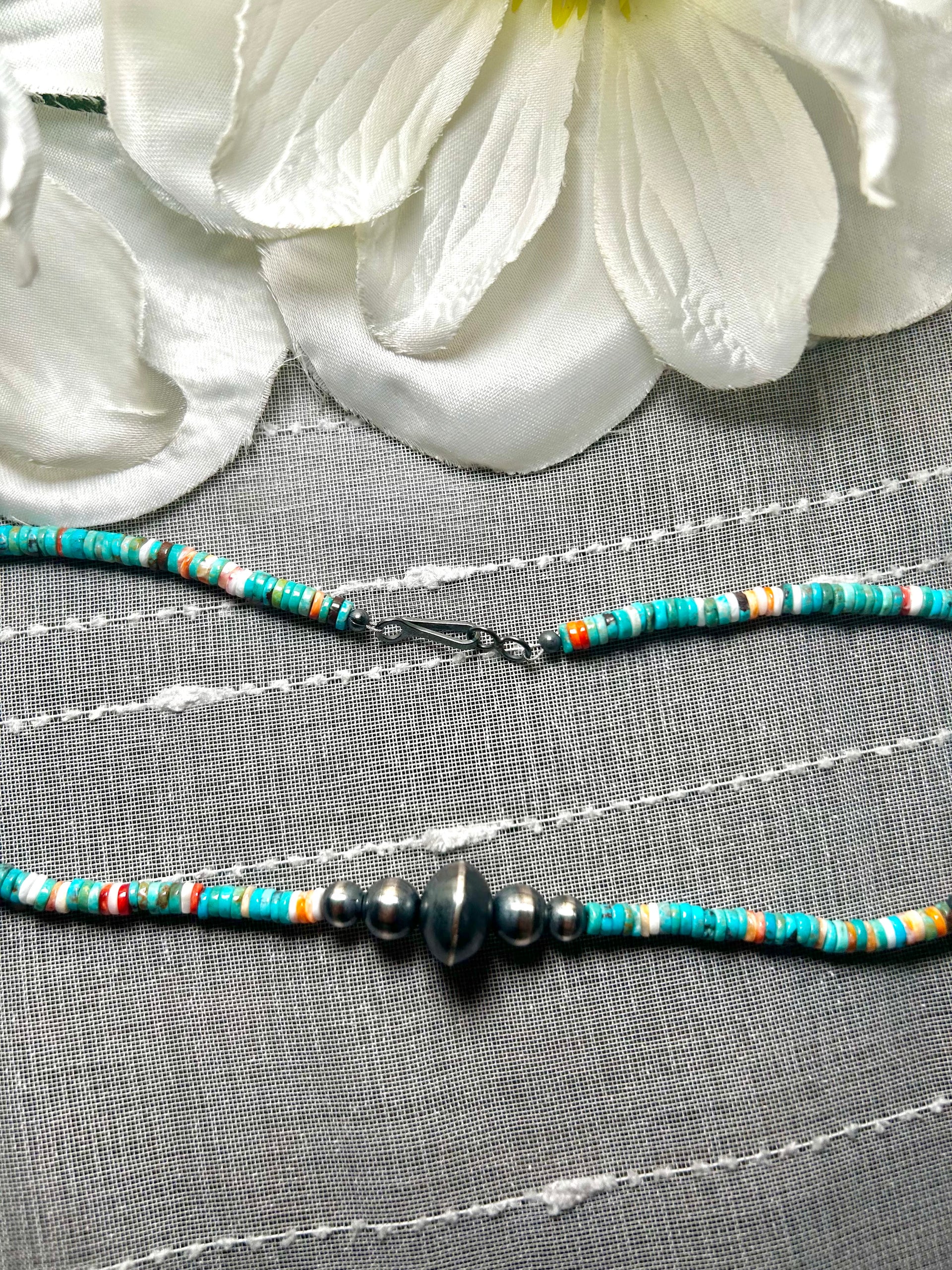 Navajo Made Strung Multi Stone & Sterling Silver Necklace