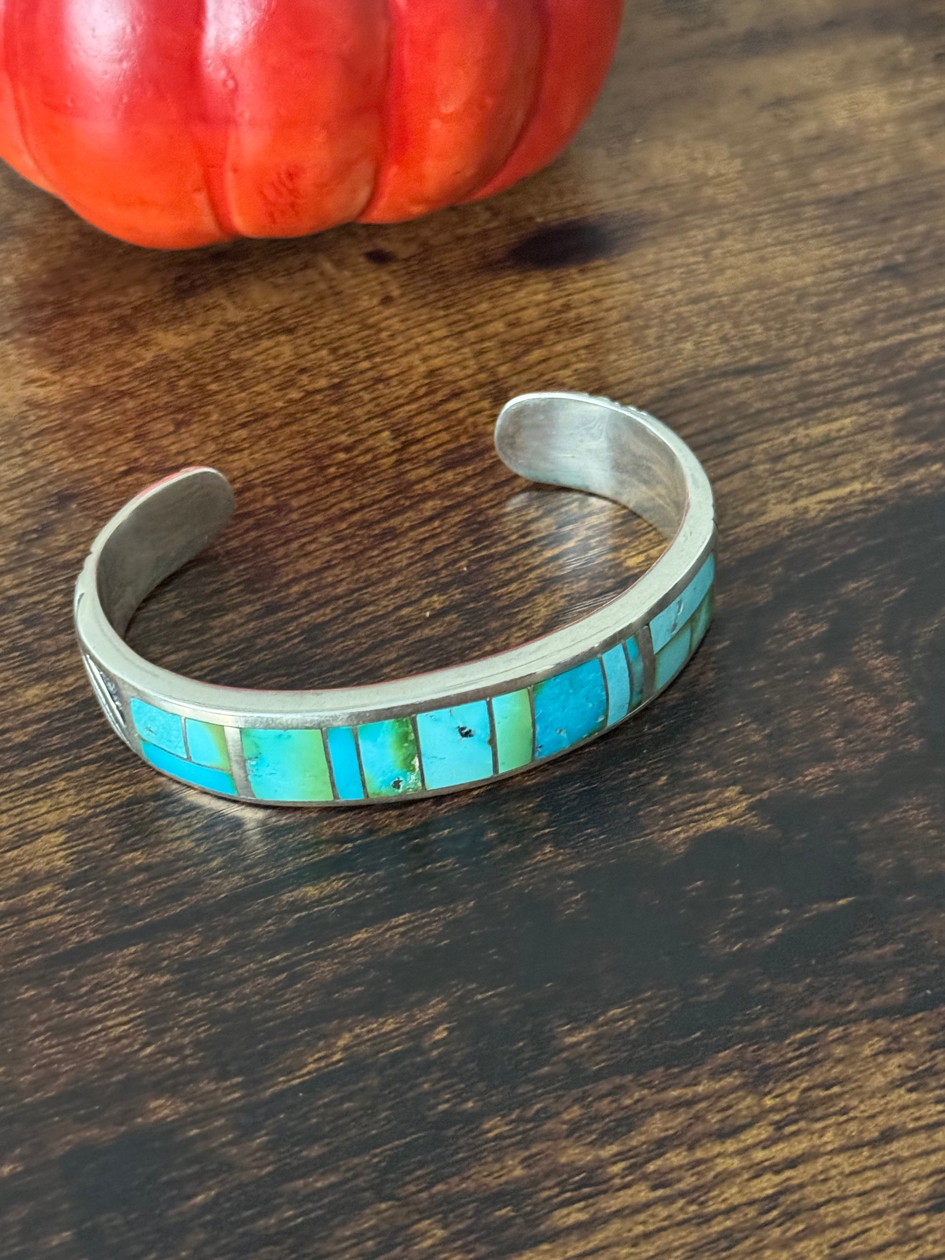 Navajo Made Natural Sonoran Mountain Turquoise & Sterling Silver Inlay Cuff Bracelet