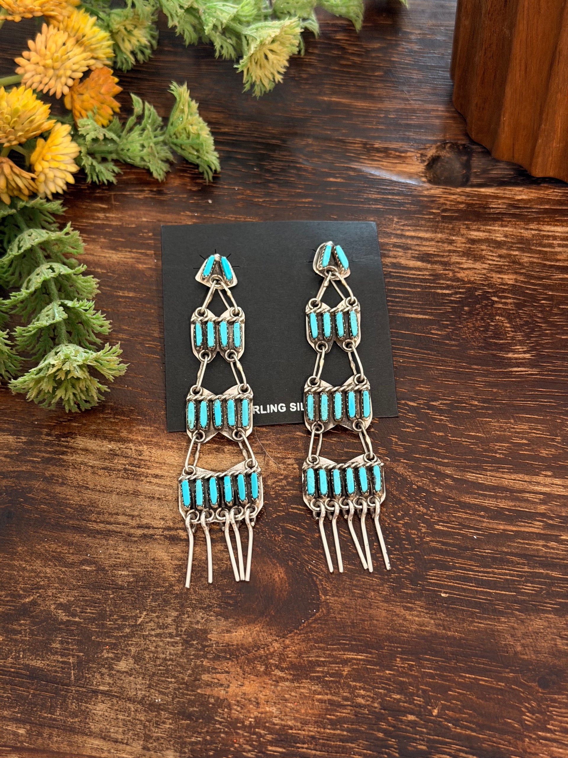 Geraldine Faber Kingman Turquoise & Sterling Silver Post Dangle Cluster Earrings