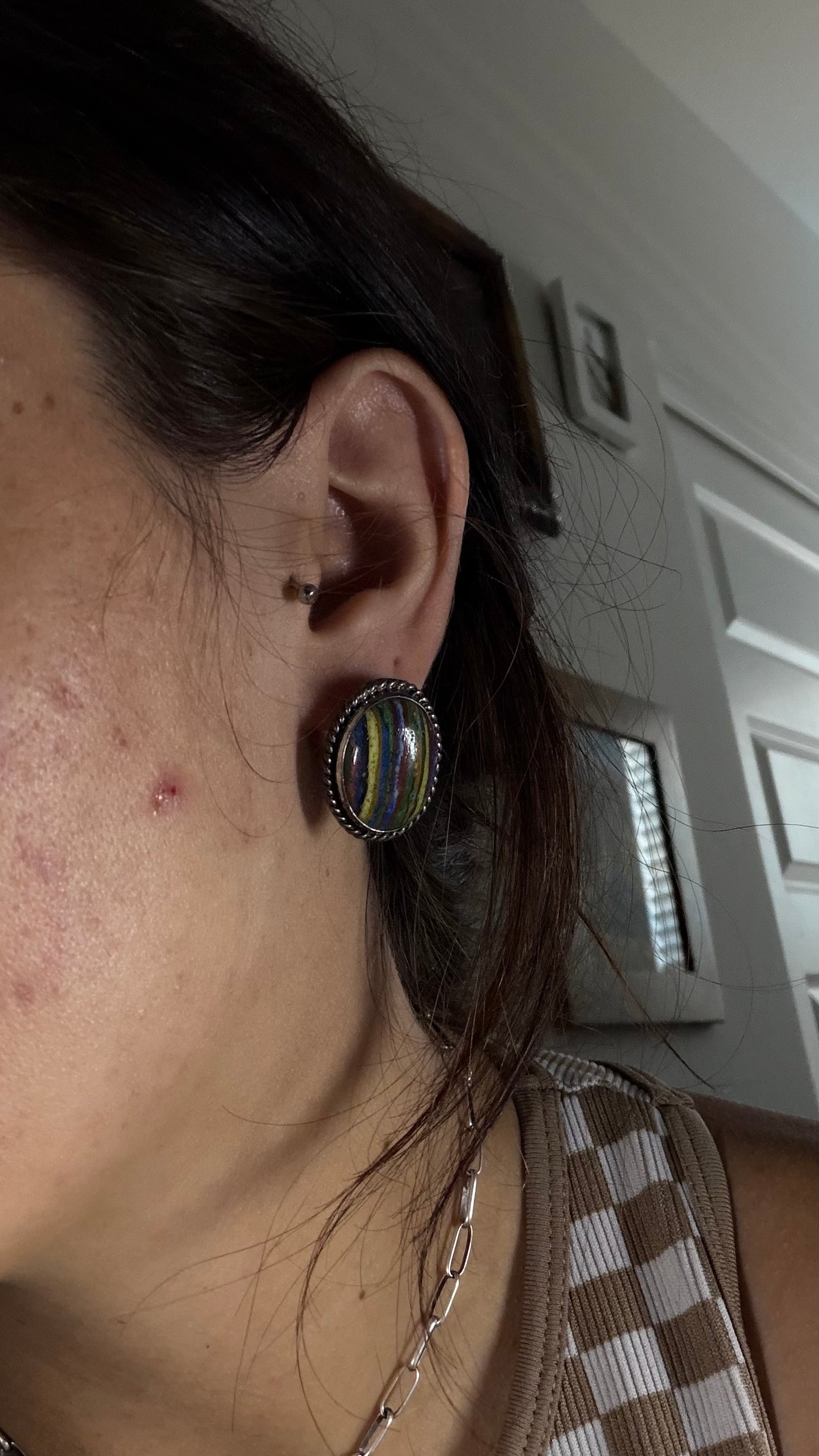 Navajo Made Rainbow Agate & Sterling Silver Post Earrings